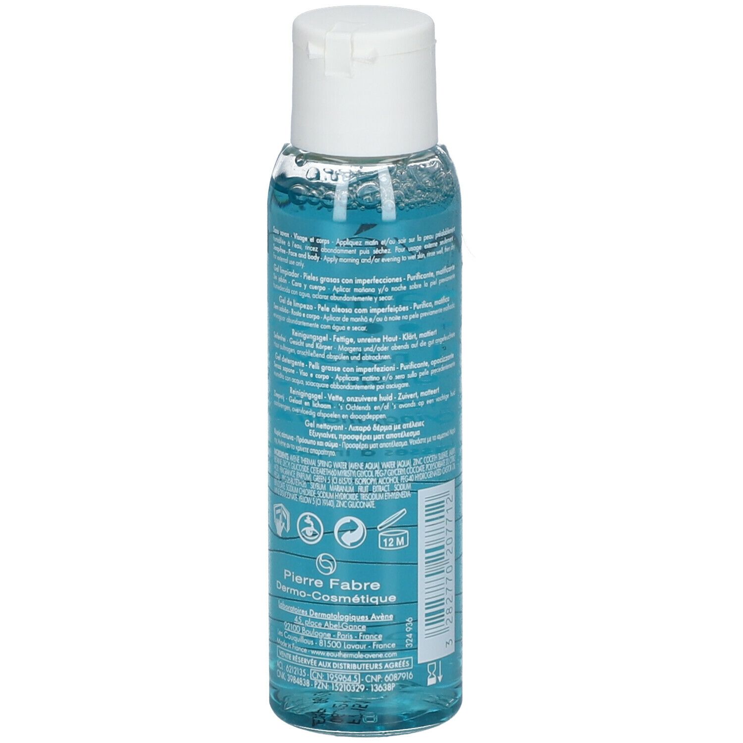 Rückseite einer blau-transparenten Flasche. Text in mehreren Sprachen. Herstellerinformationen und Symbole.