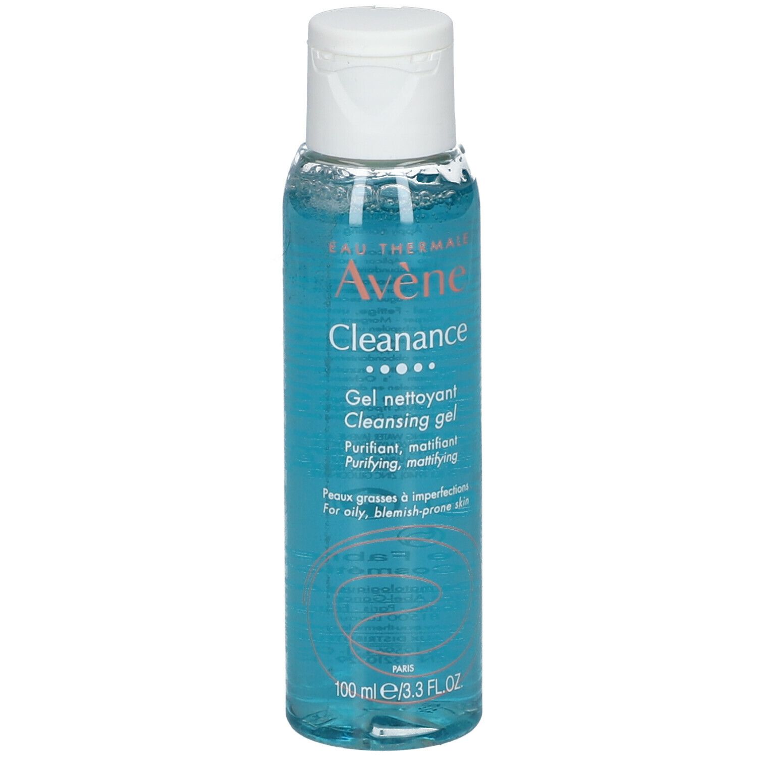 Blau-transparente Flasche mit weißem Deckel. Aufschrift: Avène Cleanance Reinigungsgel. 100 ml.