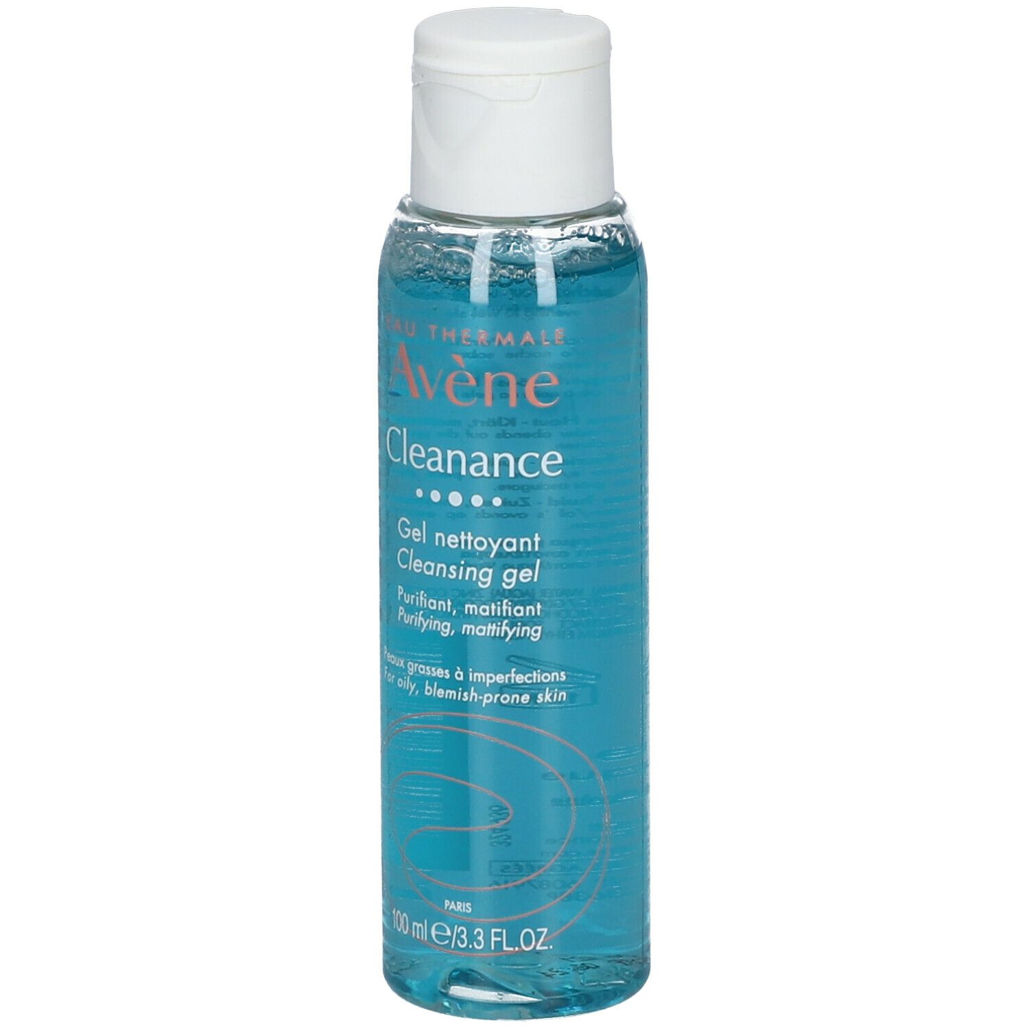 Blau-transparente Flasche mit weißem Deckel. Aufschrift: Avène Cleanance Reinigungsgel. 100 ml.