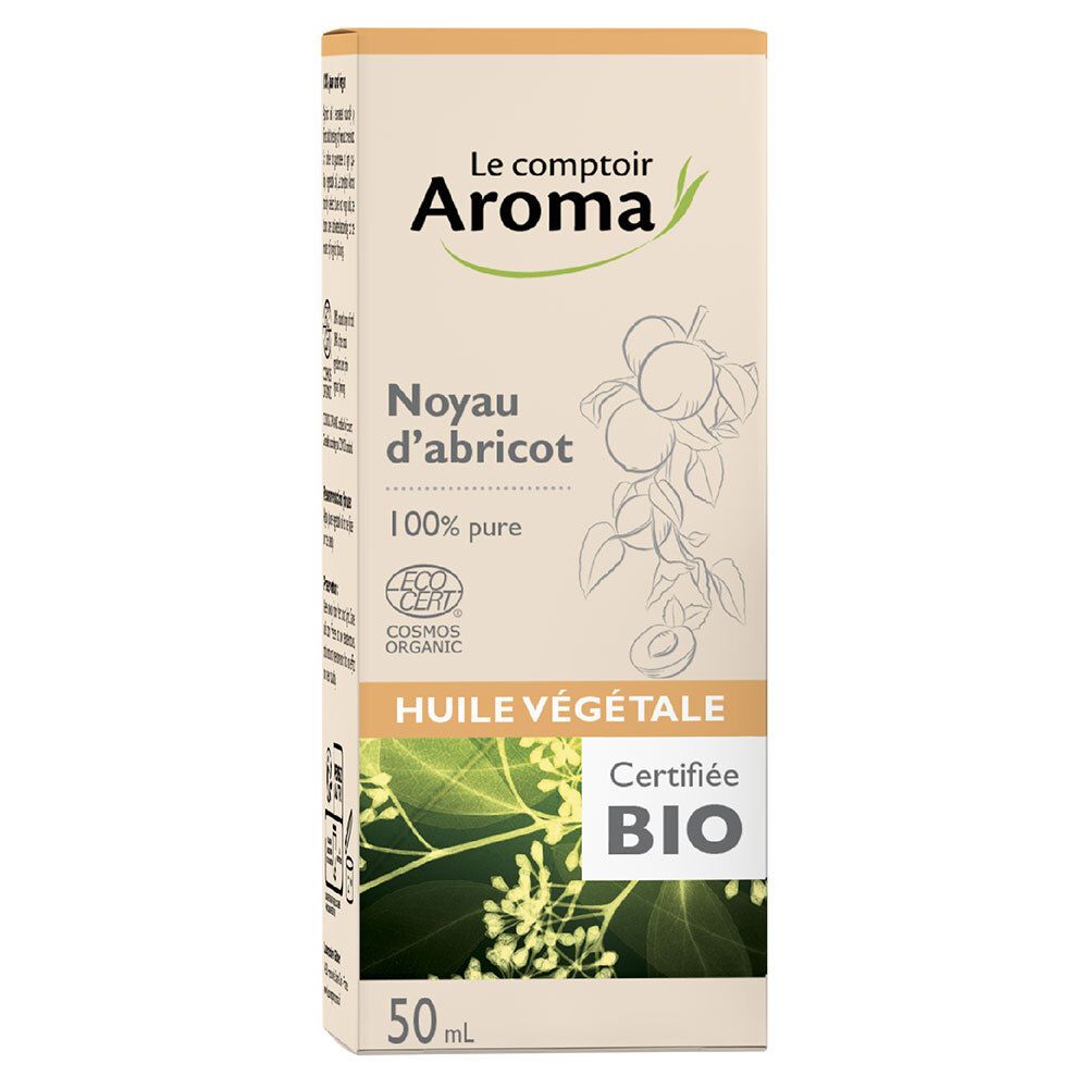 Kartonverpackung mit Aufschrift: Le Comptoir Aroma, Noyau d'abricot, 100% pure, Huile végétale, Certifié BIO. Mit EcoCert-Logo.