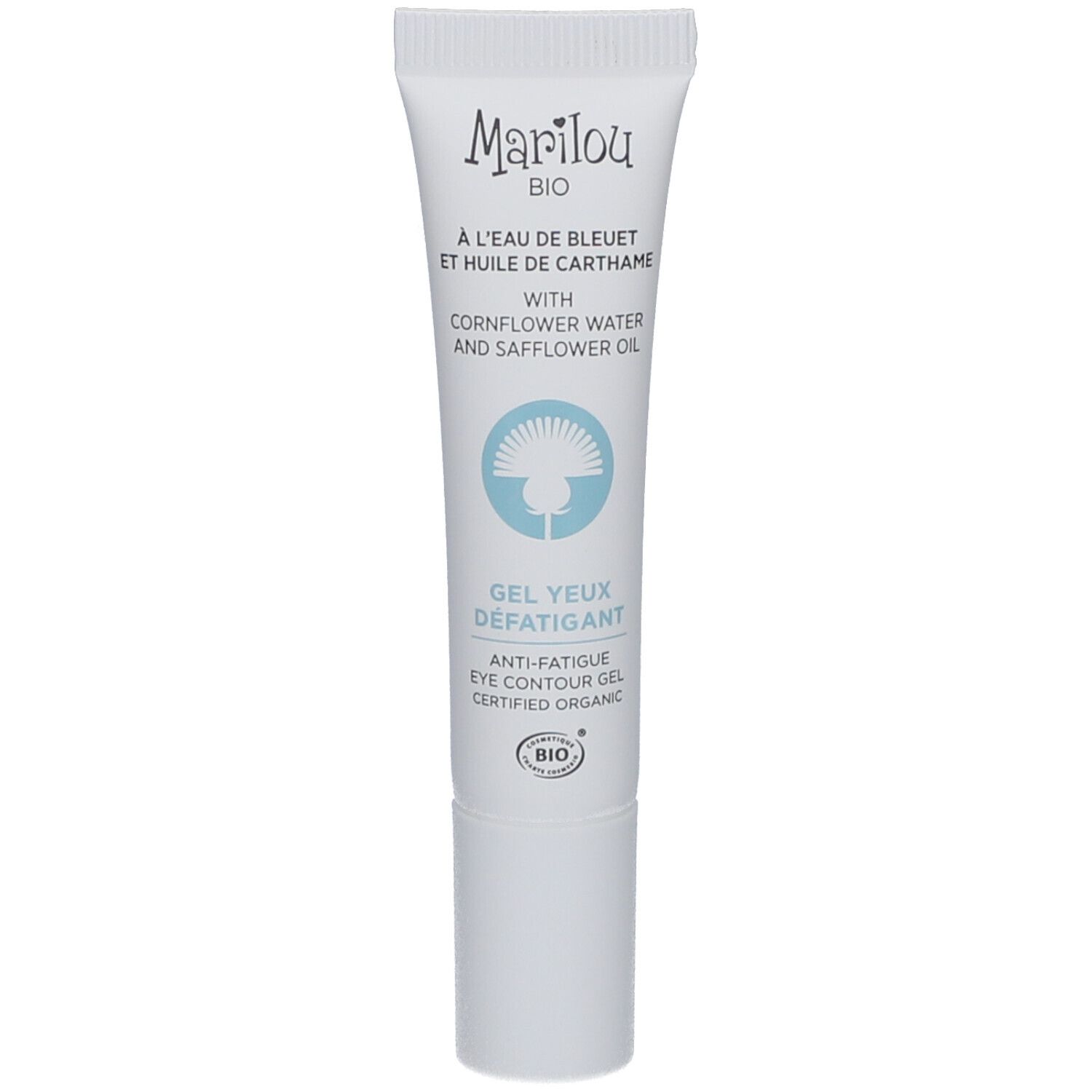 Tube blanc avec texte: Marilou Bio, Gel Yeux Defatigant. Certifié bio. Contient de l'eau de bleuet et de l'huile de carthame.