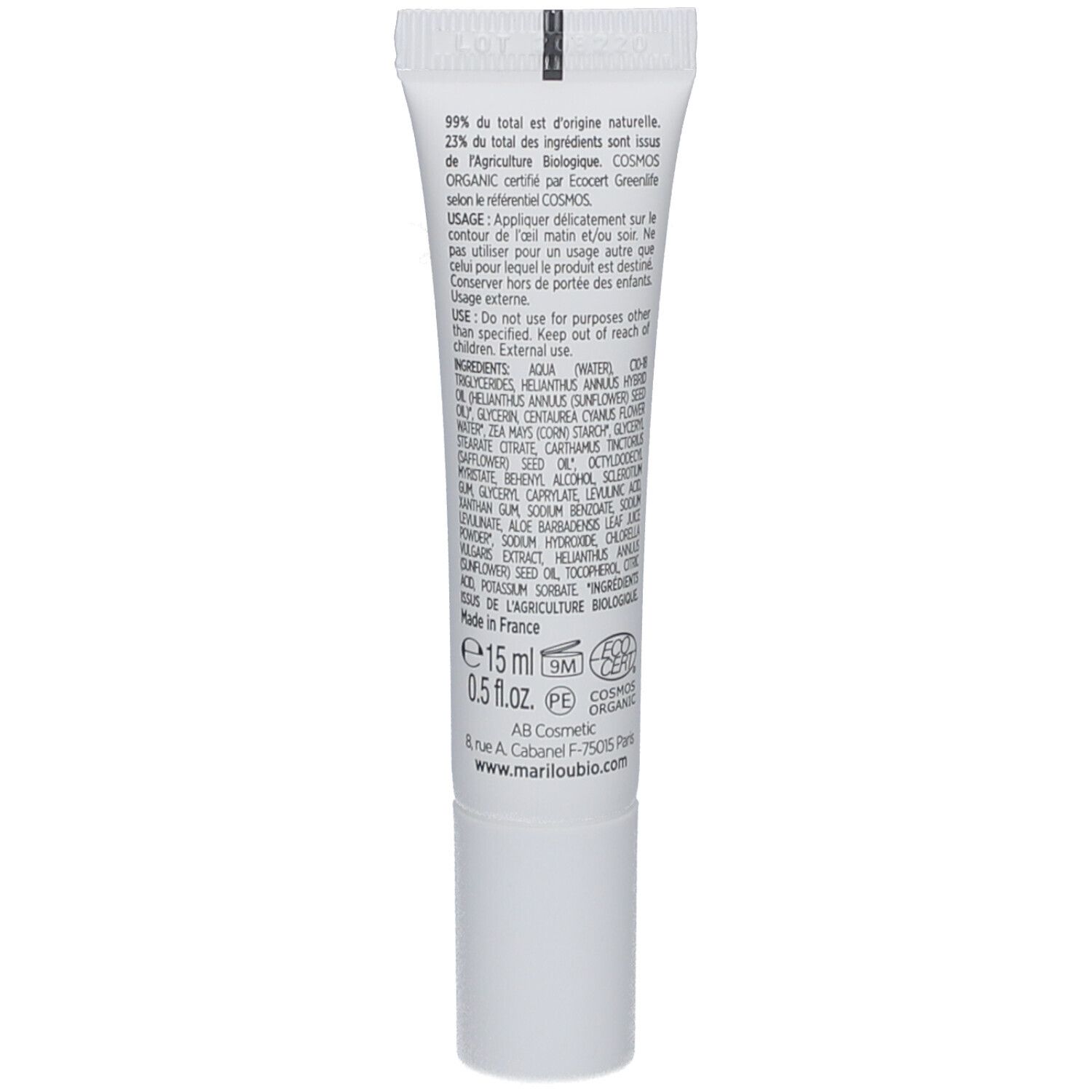 Dos du tube. Ingrédients, 15 ml, certification bio. Informations sur la composition et l'utilisation.