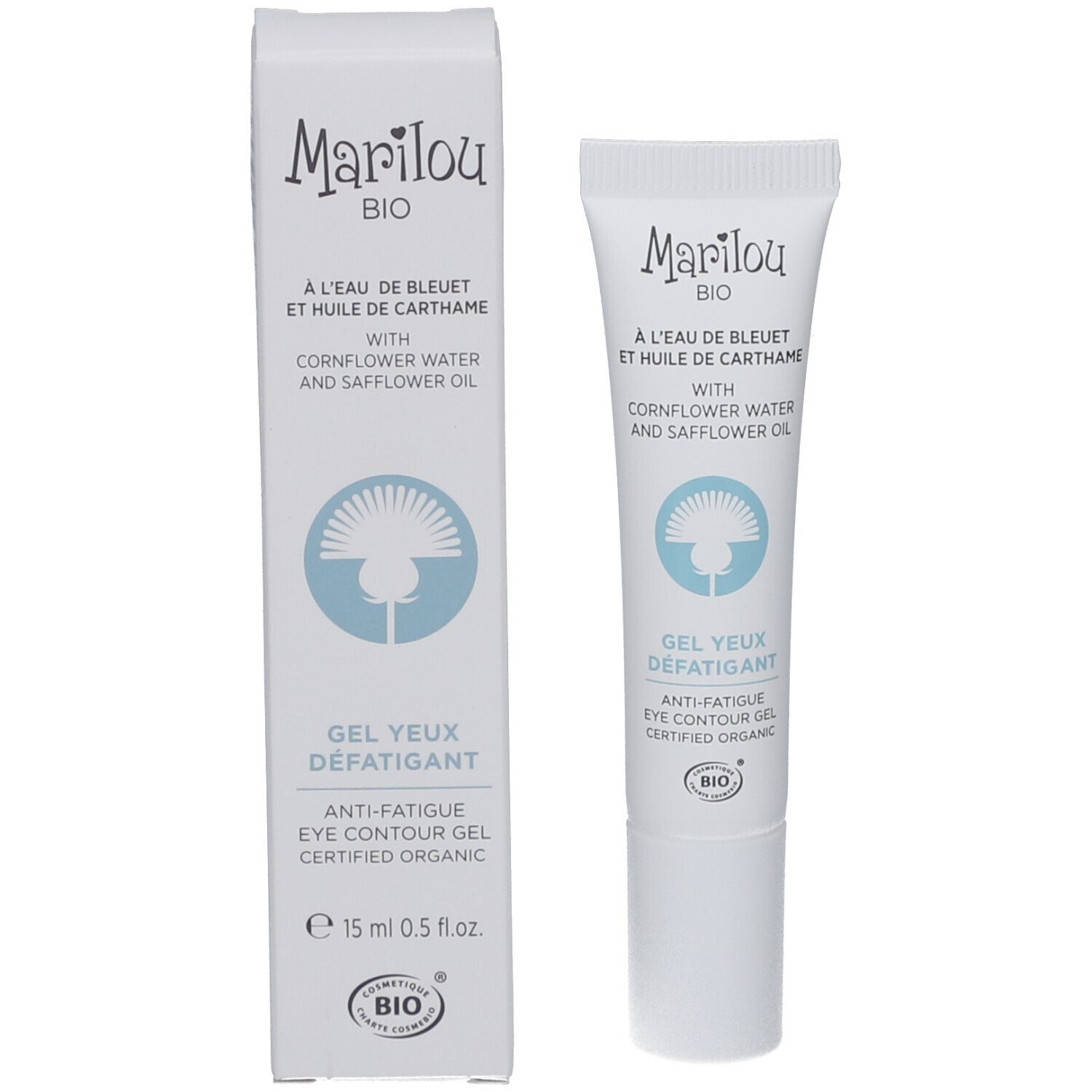 Produit et emballage. Tube et boîte avec texte: Marilou Bio, Gel Yeux Defatigant. Certification bio.