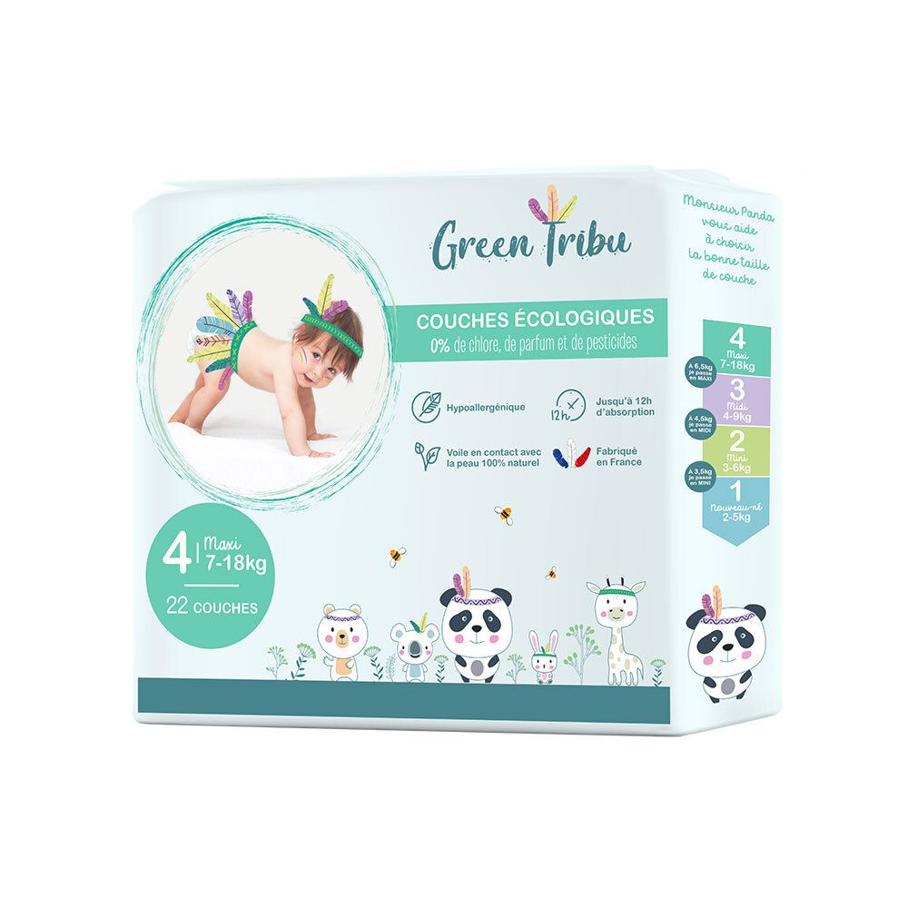 Verpackung mit Babywindeln. Marke Green Tribu. Größe 4, Maxi, 7-18kg. 22 Windeln. Ökologisch, hypoallergen.
