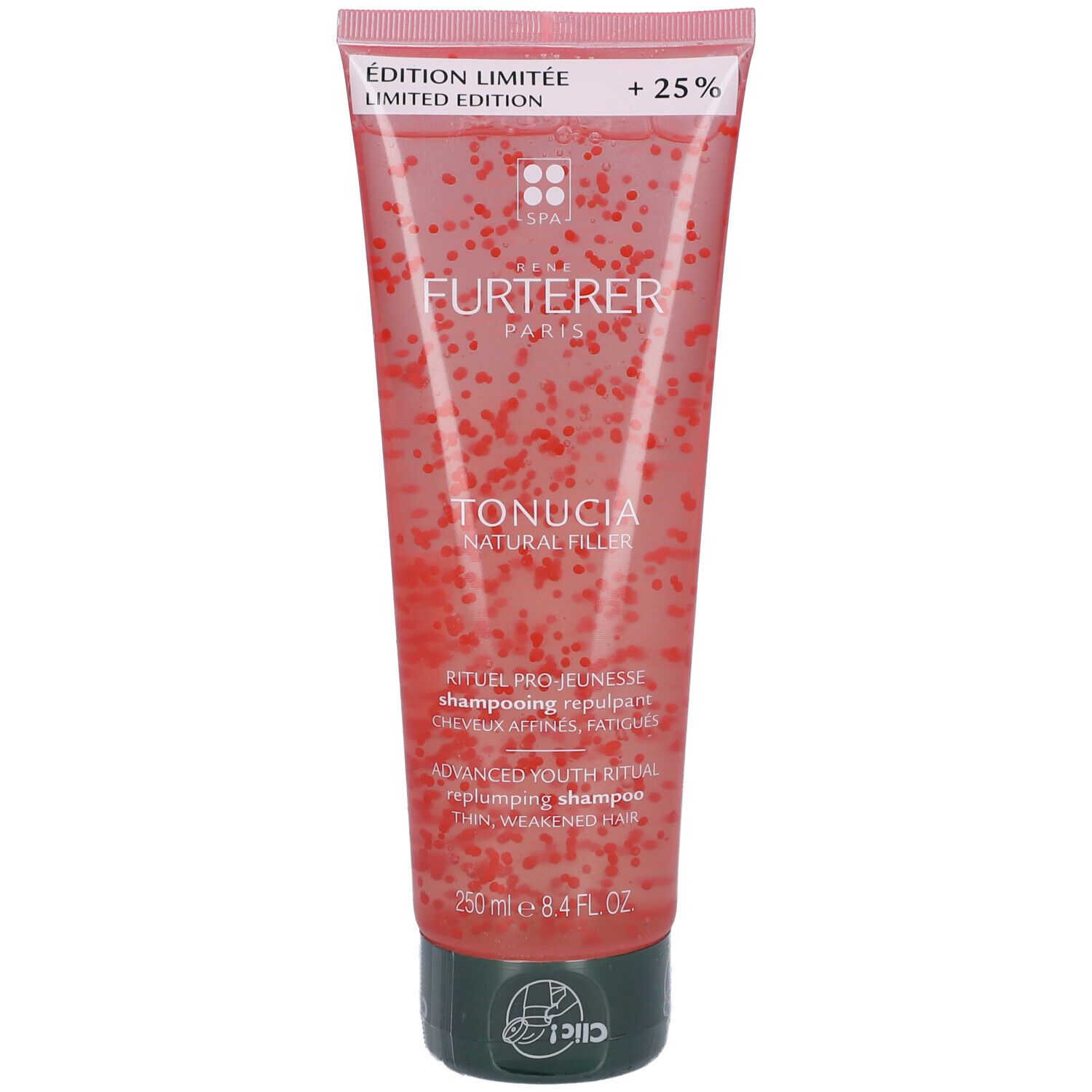 Rosa Tube mit Shampoo. Rote Partikel. Text: Furterer, Tonucia. 250 ml. Grüner Verschluss.
