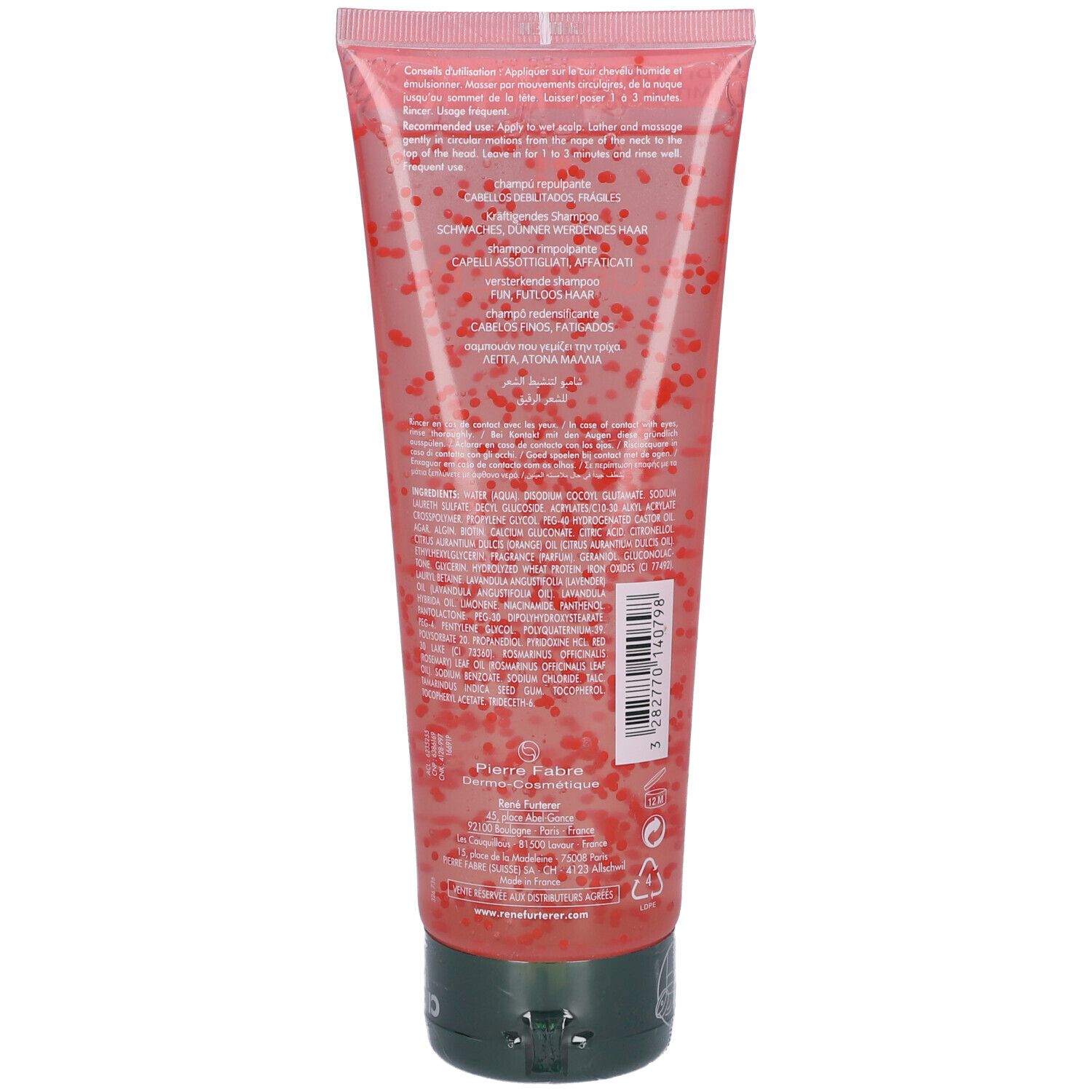 Rückseite der Tube. Text: Inhaltsstoffe, Anwendungshinweise. Grüner Verschluss.