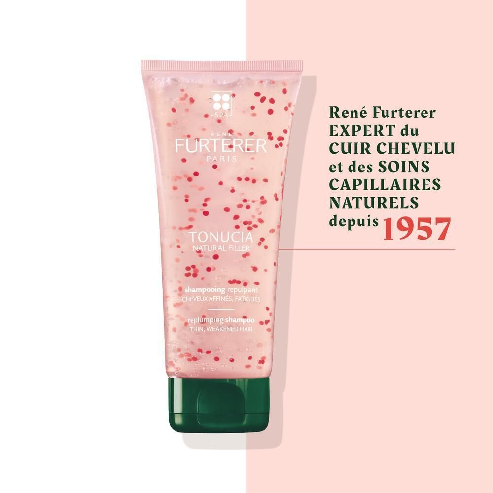 Rosa Tube mit Shampoo. Rote Partikel. Text: Furterer, Tonucia, Experte für Kopfhaut.