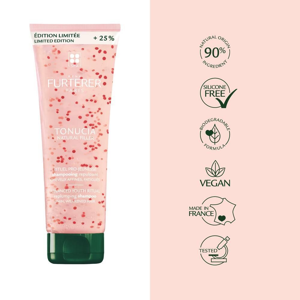 Rosa Tube mit Shampoo. Rote Partikel. Text: Furterer, Tonucia. Zertifizierungen: natürlich, vegan, hergestellt in Frankreich.