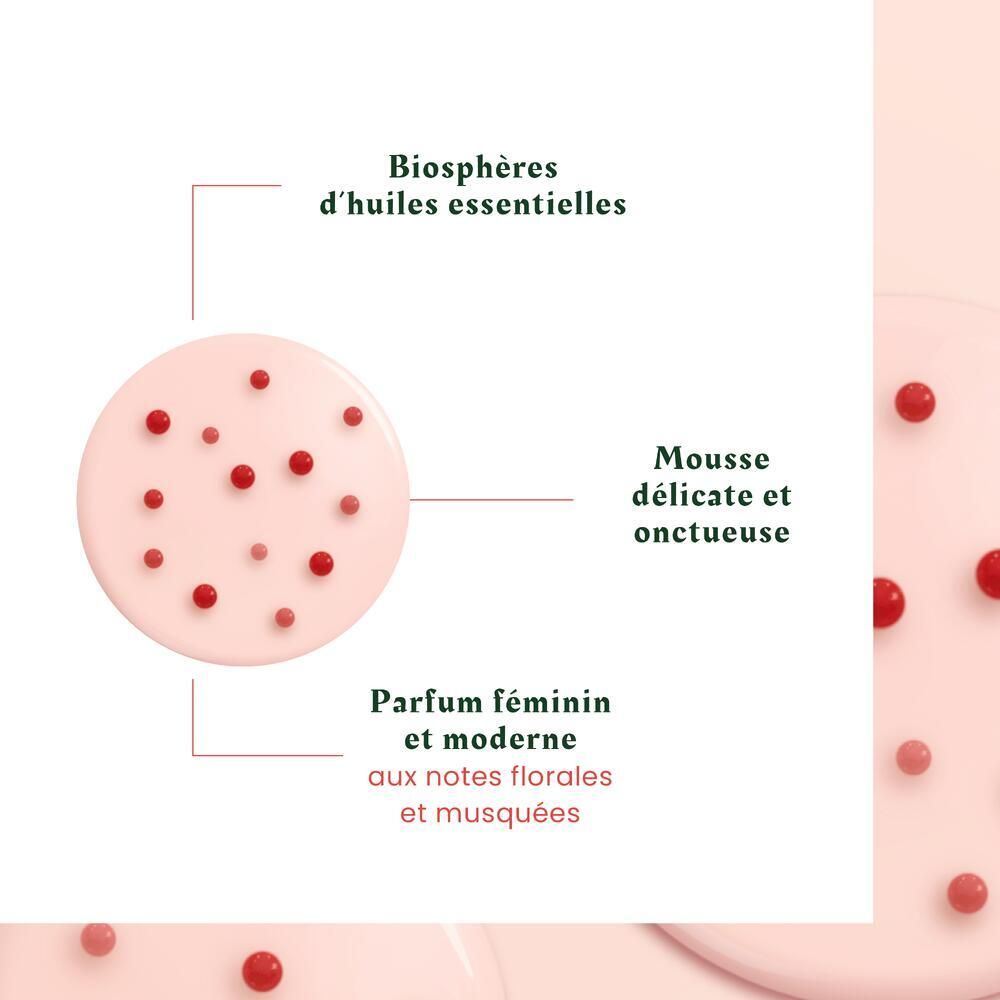 Nahaufnahme. Text: Ätherische Ölkügelchen, zarter Schaum, blumiger Duft.
