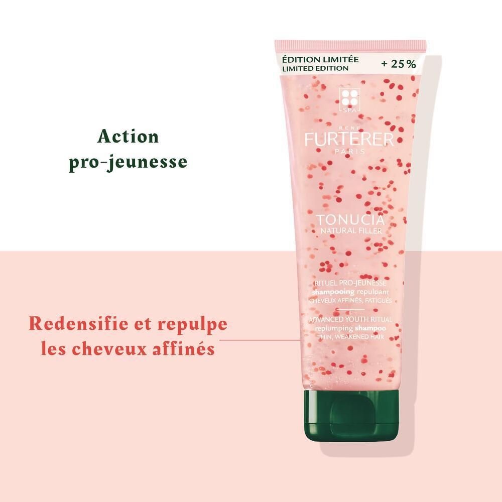 Rosa Tube mit Shampoo. Rote Partikel. Text: Furterer, Tonucia. Wirkung: Jugendlichkeit, verdichtet.