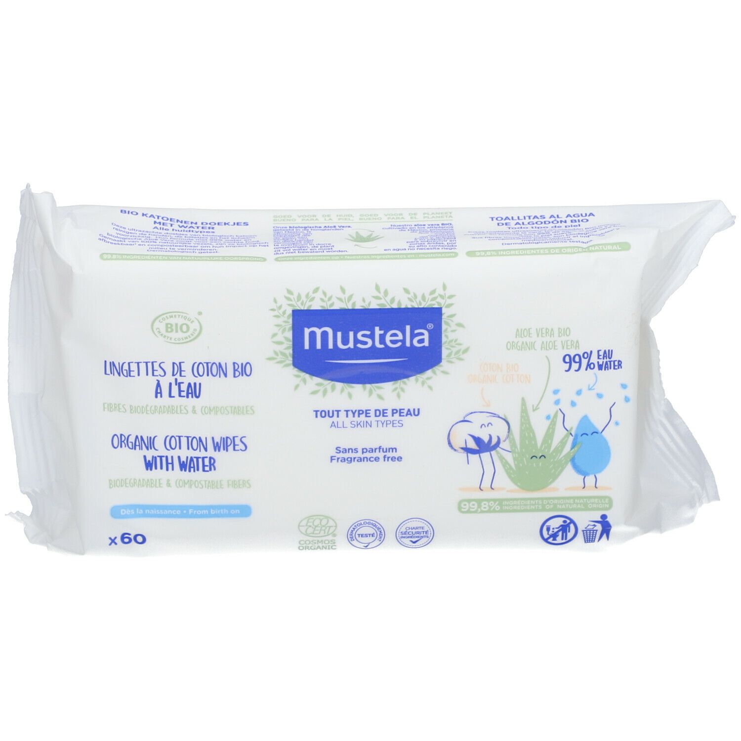 Mustela Feuchttücher-Packung. Weiße Verpackung mit blau-grüner Schrift. Enthält 60 Tücher. Bio-Baumwolle mit Wasser.