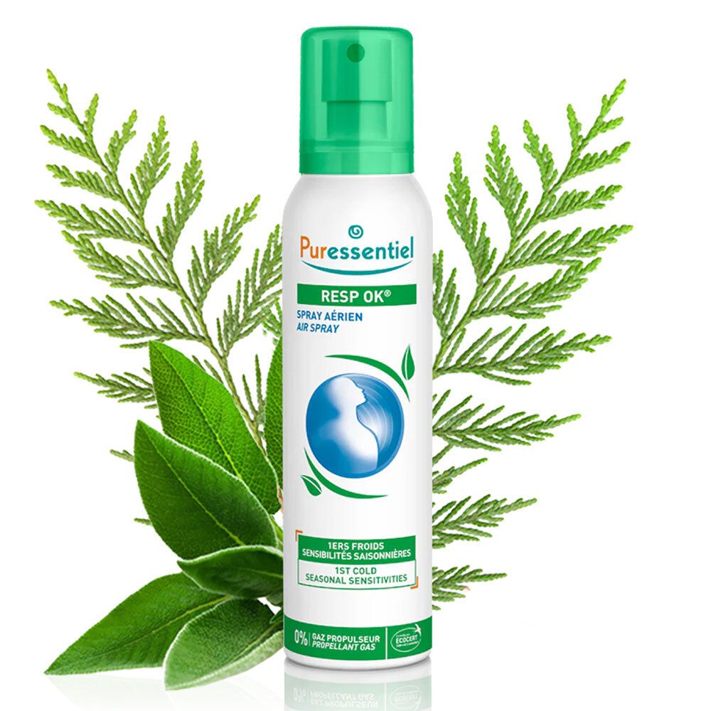 Puresseentiel Resp'OK® Spray, Flasche. Grün-weiß, mit Logo und Text, umgeben von Blättern.