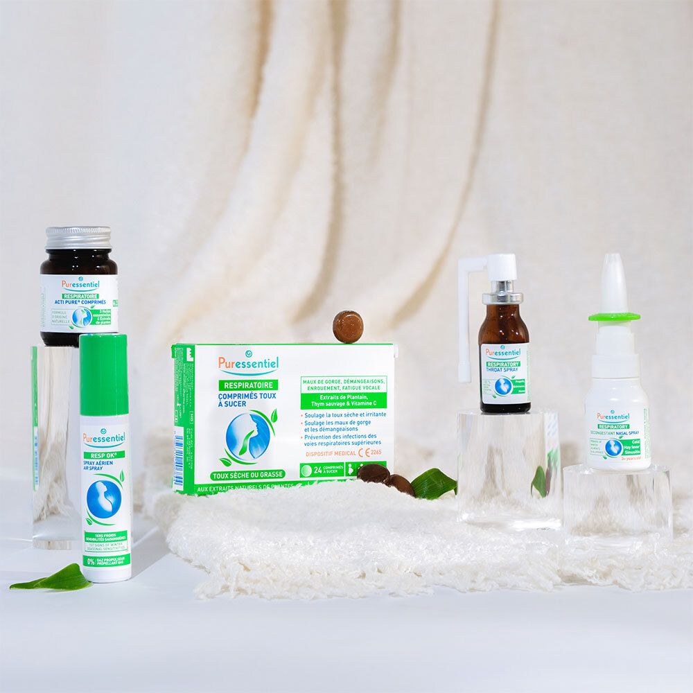 Puresseentiel Produkte: Spray, Tabletten, Nasenspray, Flaschen. Auf weißem Untergrund.