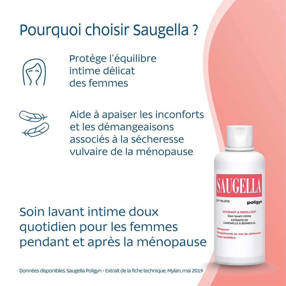 Saugella - Poligyn - Apaisant & Emollient Soin lavant intime - Femmes pendant et après la ménopause - Flacon 500 ml