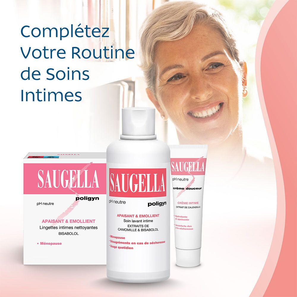 Saugella - Poligyn - Apaisant & Emollient Soin lavant intime - Femmes pendant et après la ménopause - Flacon 500 ml
