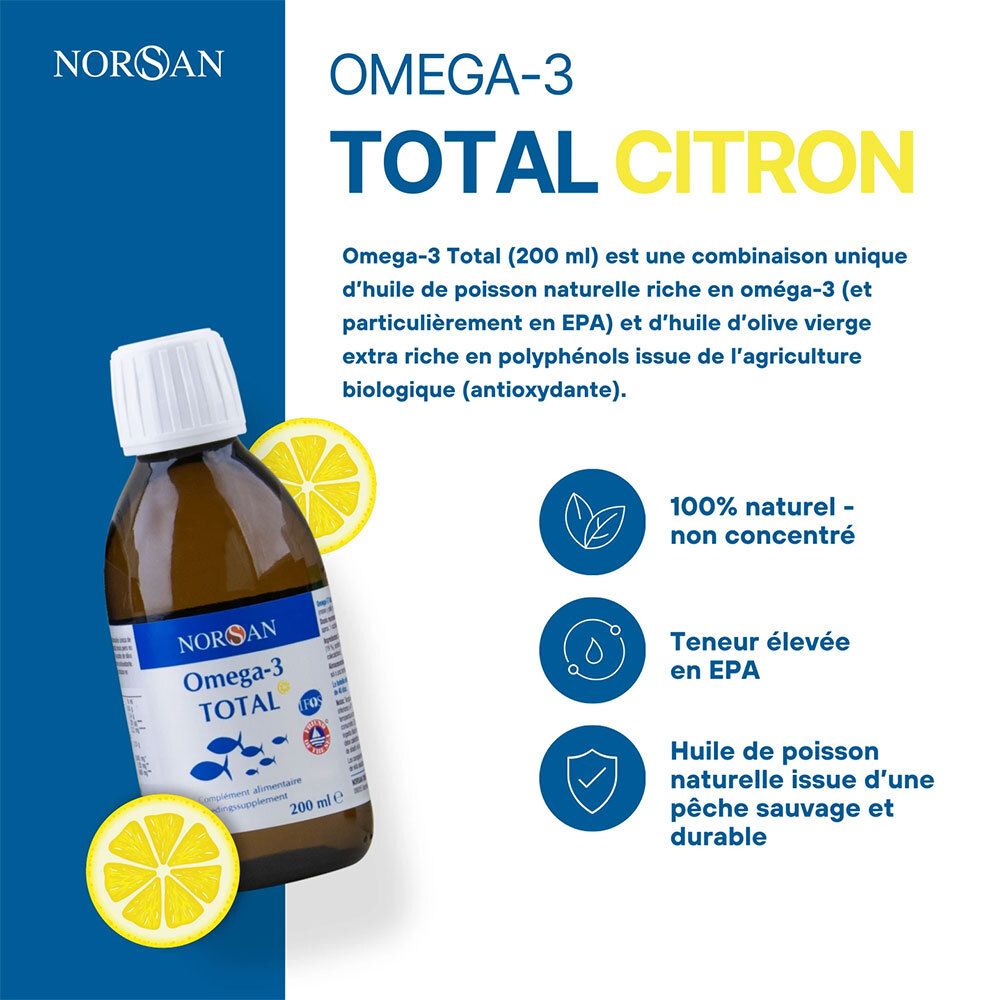 NORSAN Omega-3 TOTAL Zitrone Flasche. 100% natürlich. Hoher EPA-Gehalt. Fischöl aus nachhaltigem Fang.