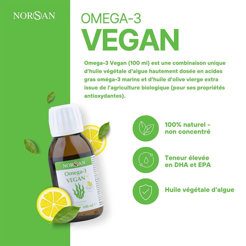Flacon NORSAN Omega-3 Vegan avec citron. Graphique vert avec texte : 100% naturel, riche en DHA et EPA, huile d'algues.