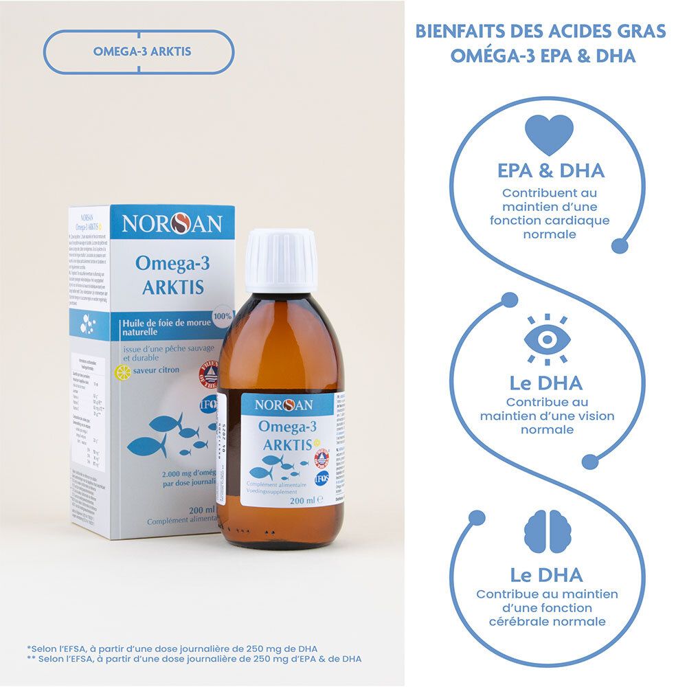 NORSAN Omega-3 ARKTIS, bouteille et emballage. Avantages des oméga-3 EPA & DHA.
