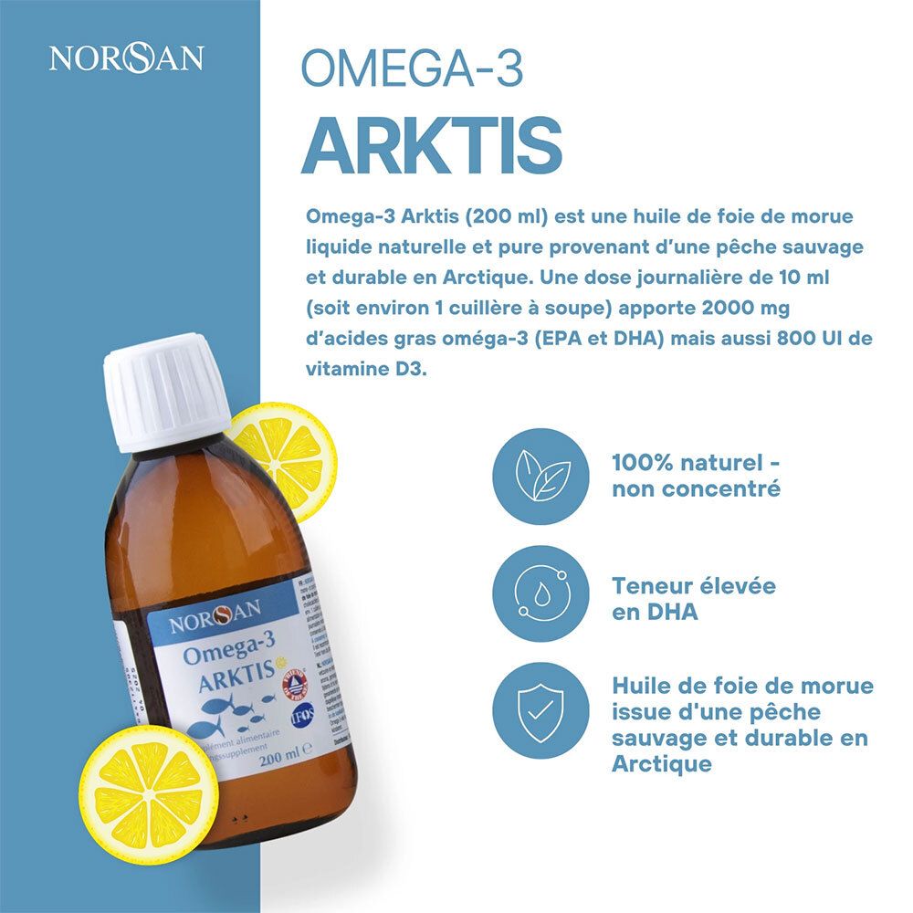 NORSAN Omega-3 ARKTIS, bouteille marron. 200 ml. Avec citron. 100% naturel.