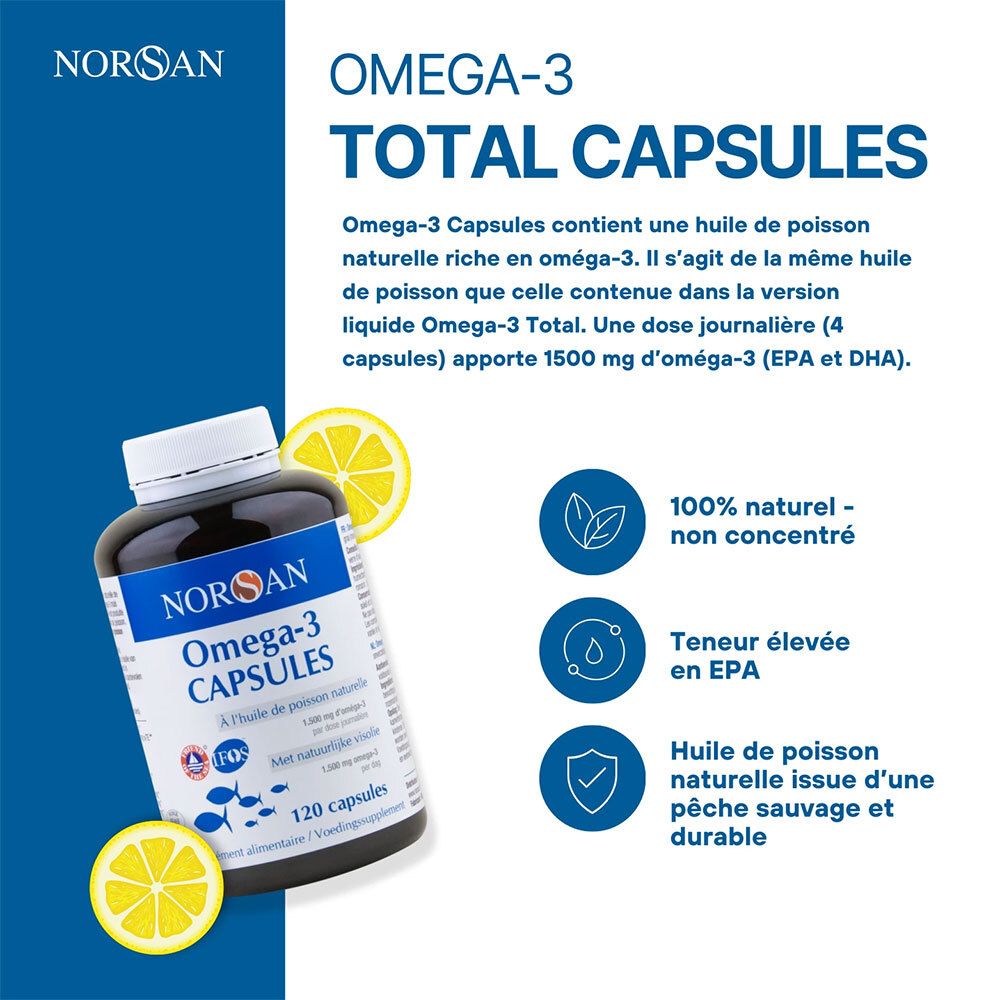 Flasche NORSAN Omega-3 CAPSULES. Zitronen-Dekoration. Text: Omega-3 Total Capsules. 100% natürlich.