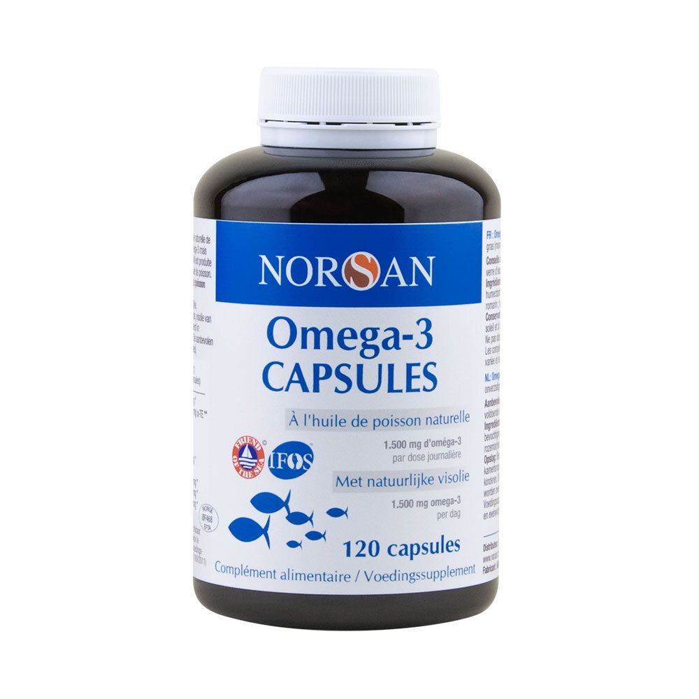 Flacon foncé, bouchon blanc. Inscription: NORSAN Omega-3 CAPSULES. 120 capsules. Symboles de poissons.