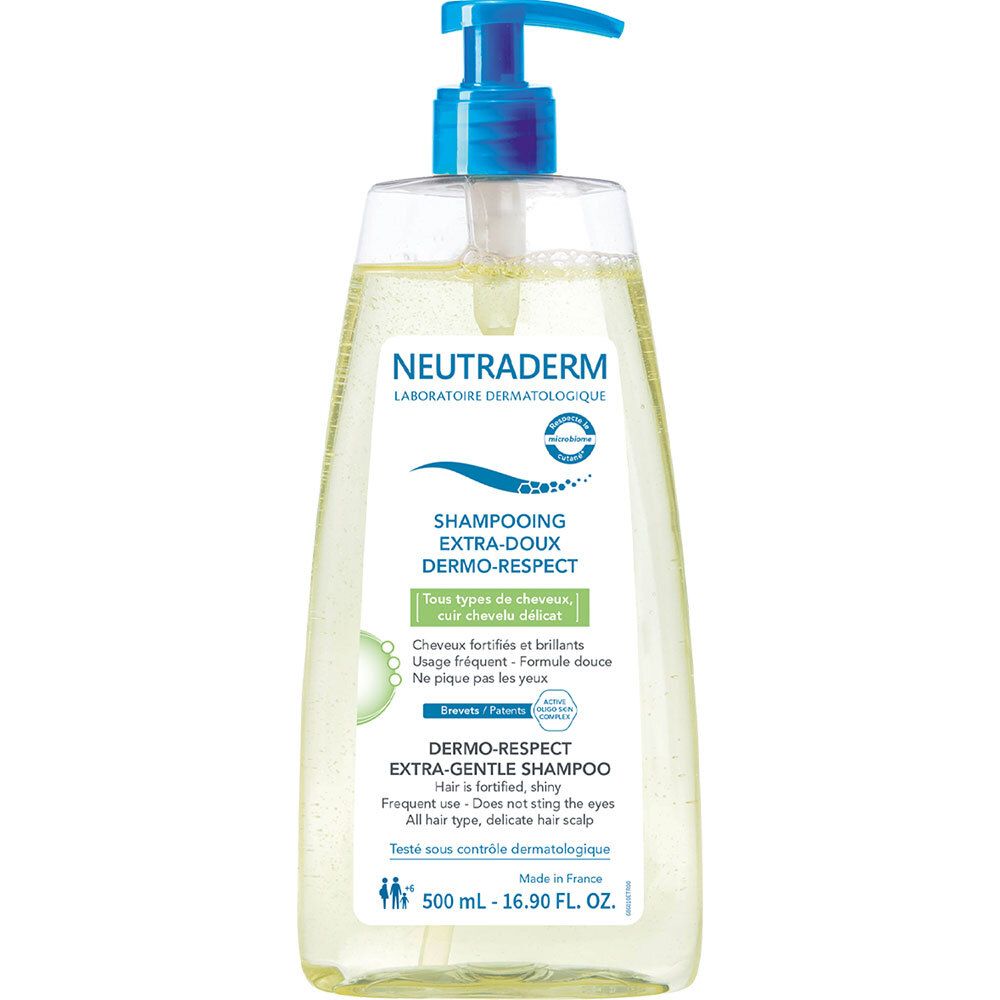 Flacon transparent Neutraderm Shampooing Extra-Doux Dermo-Respect avec pompe bleue. Étiquette avec informations produit.