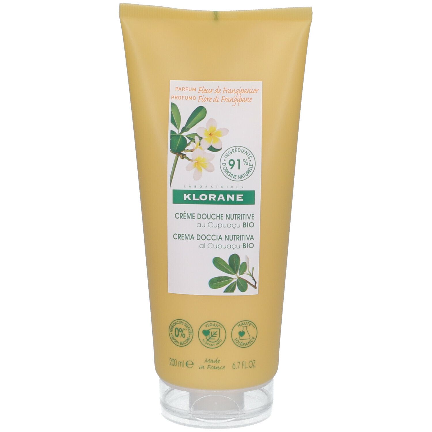 Gelbe Tube mit weißem Etikett. Aufschrift: KLORANE Crème Douche Nutritive au Cupuaçu BIO. 91% Inhaltsstoffe natürlichen Ursprungs.