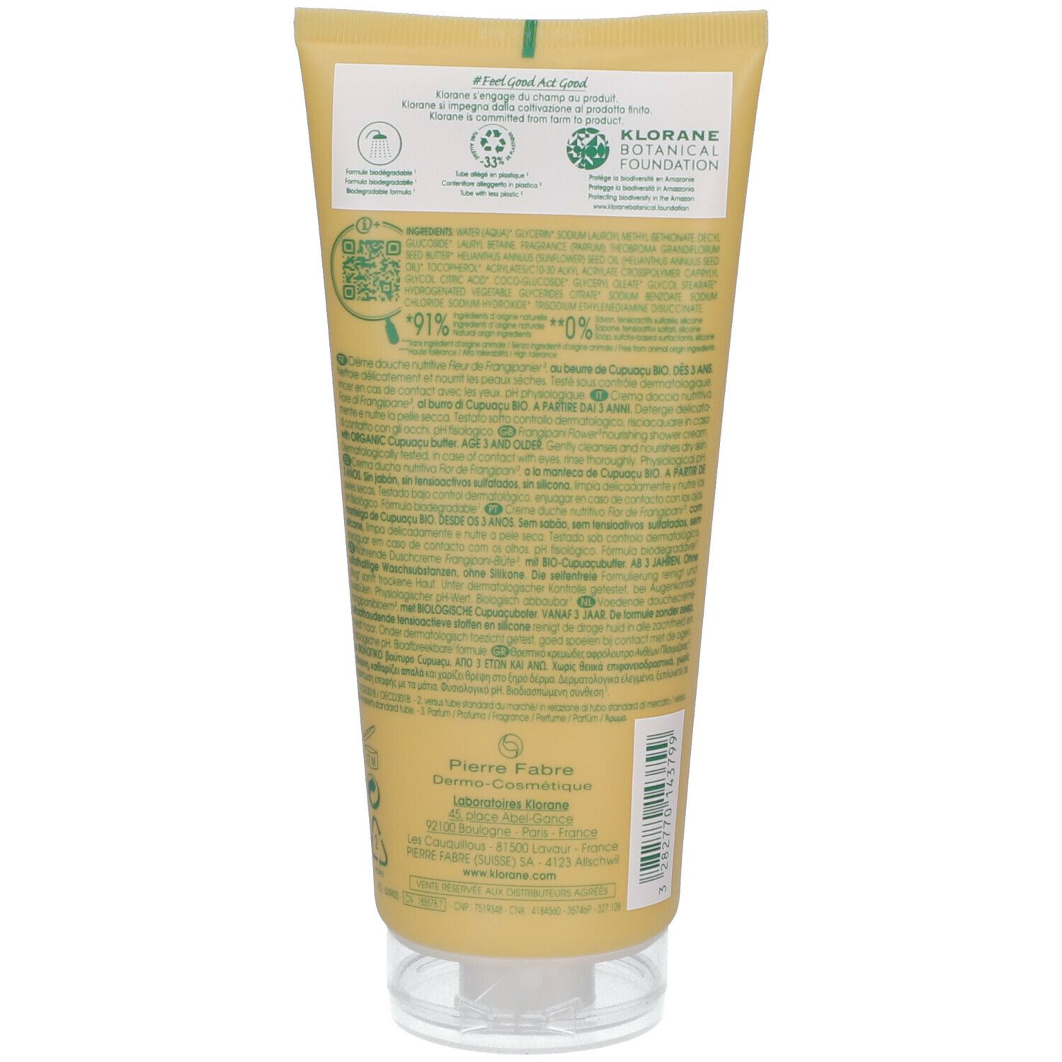 Rückseite der gelben Tube. Text mit Inhaltsstoffen, Zertifizierungen und Herstellerangaben. Aufschrift: KLORANE Botanical Foundation.
