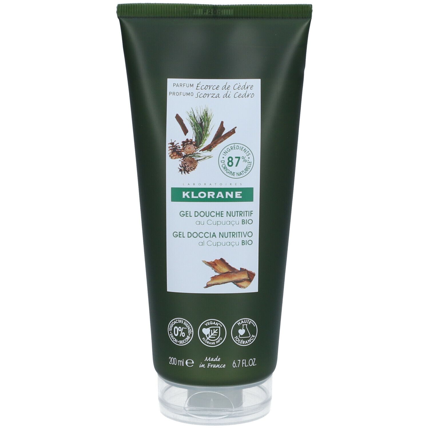 Grüne Tube KLORANE Duschgel Zedernrinde. Produktabbildung mit Text und Illustrationen. 200ml. Made in France.