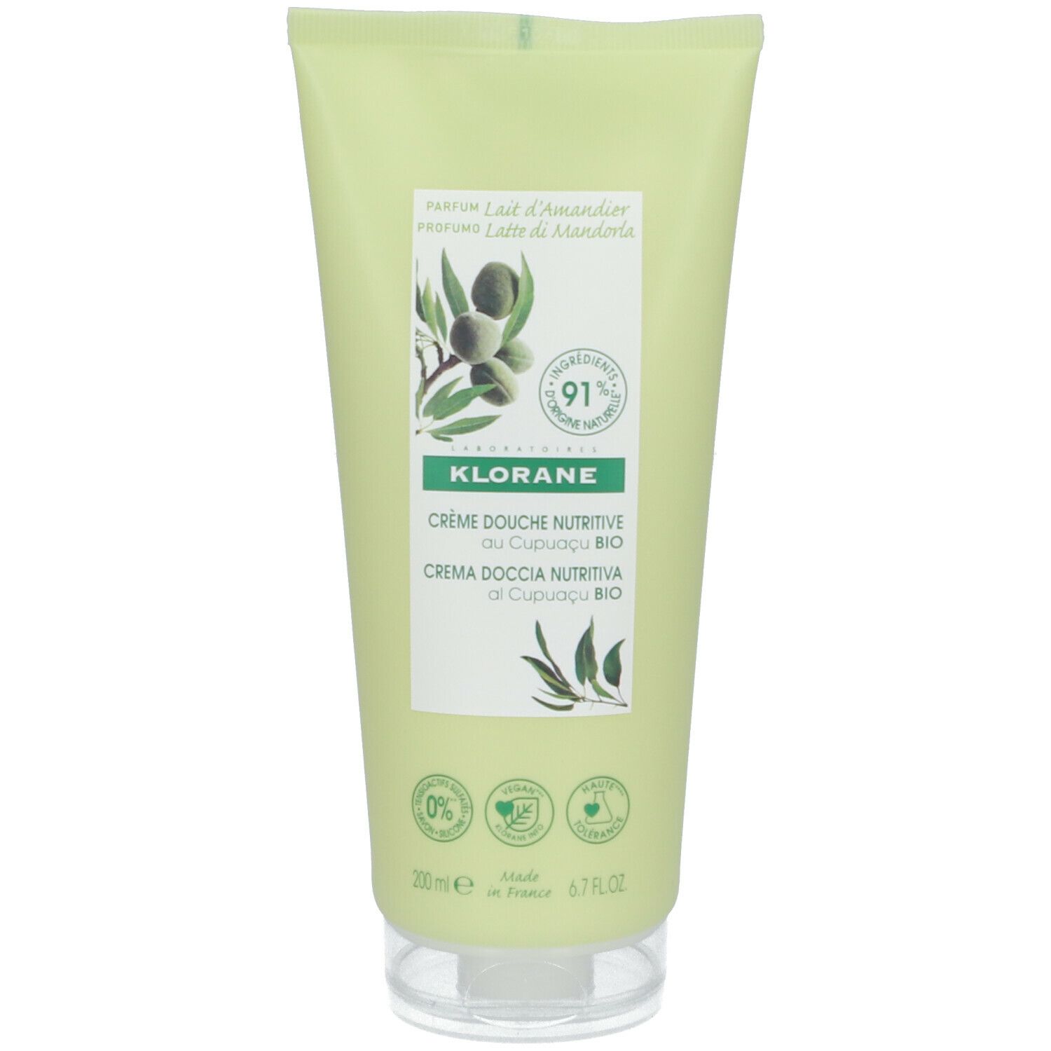 Tube jaune de crème de douche KLORANE au lait d'amande. Inscription : branche d'amande, 91% d'ingrédients d'origine naturelle, 200 ml.