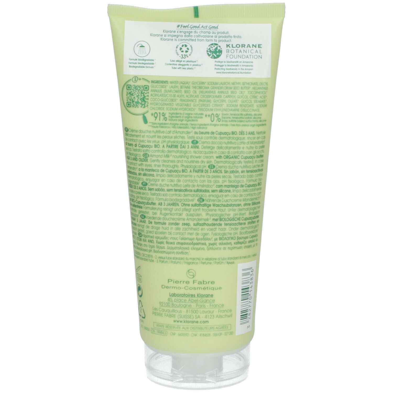 Dos du tube jaune de crème de douche KLORANE. Texte avec ingrédients, certifications et informations du fabricant.