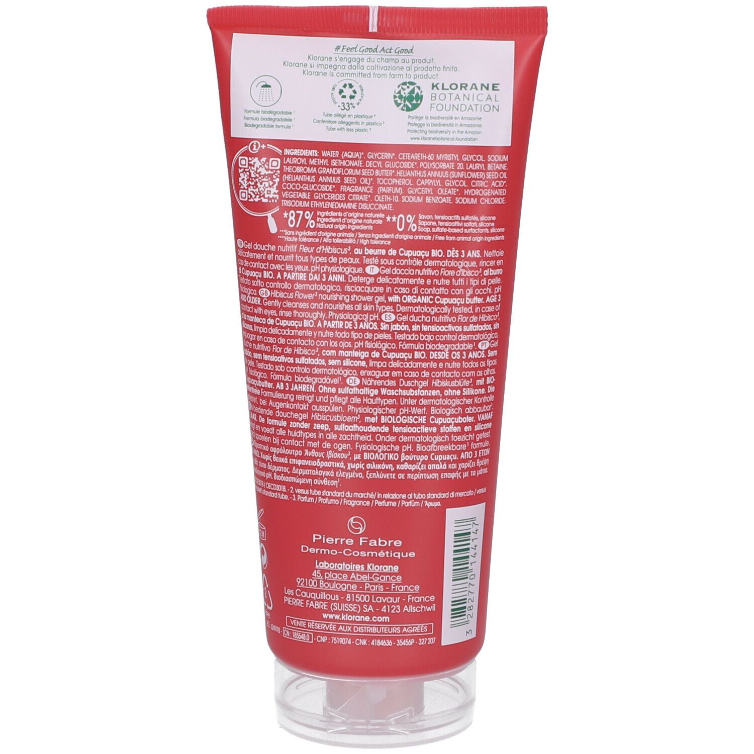 Dos du tube rouge de gel douche Klorane Fleur d'Hibiscus. Texte avec ingrédients, certifications et informations du fabricant.