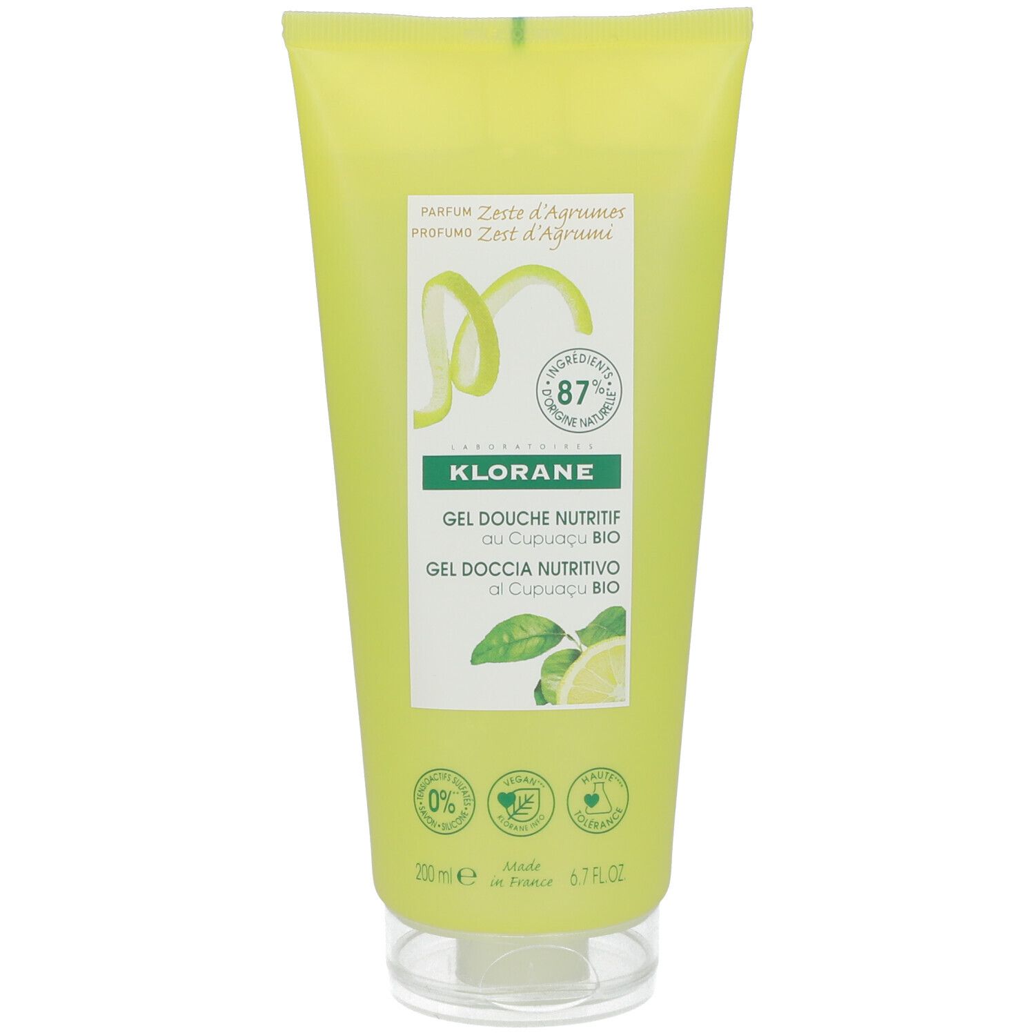 Tube jaune avec étiquette verte. Texte : Klorane, Gel Douche Nutritif au Cupuaçu Bio. 87% ingrédients d'origine naturelle.