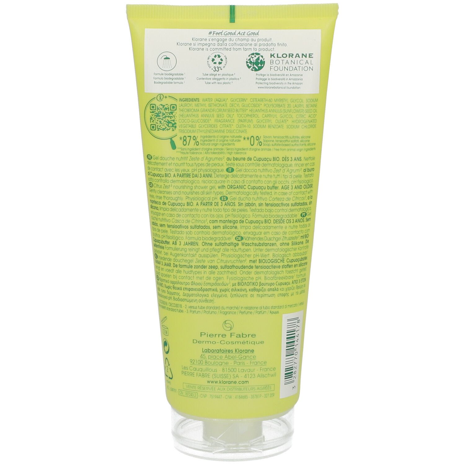 Dos d'un tube jaune. Texte : Klorane Botanical Foundation, ingrédients, code QR, 87% ingrédients naturels, 0% additifs.