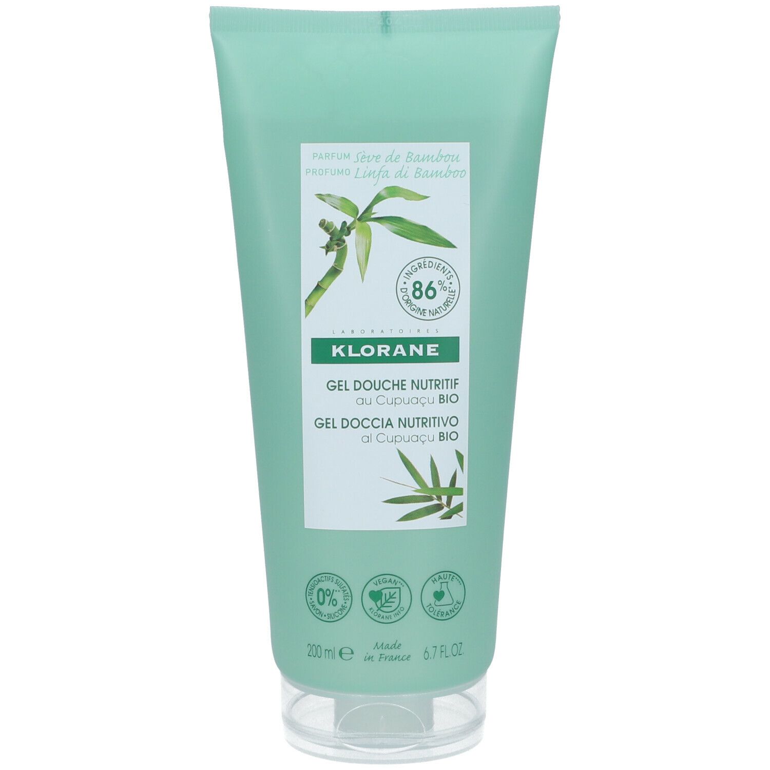 Grüne Tube mit Text, Bambus-Illustration und Logo. Enthält 86% Inhaltsstoffe natürlichen Ursprungs. 200 ml.