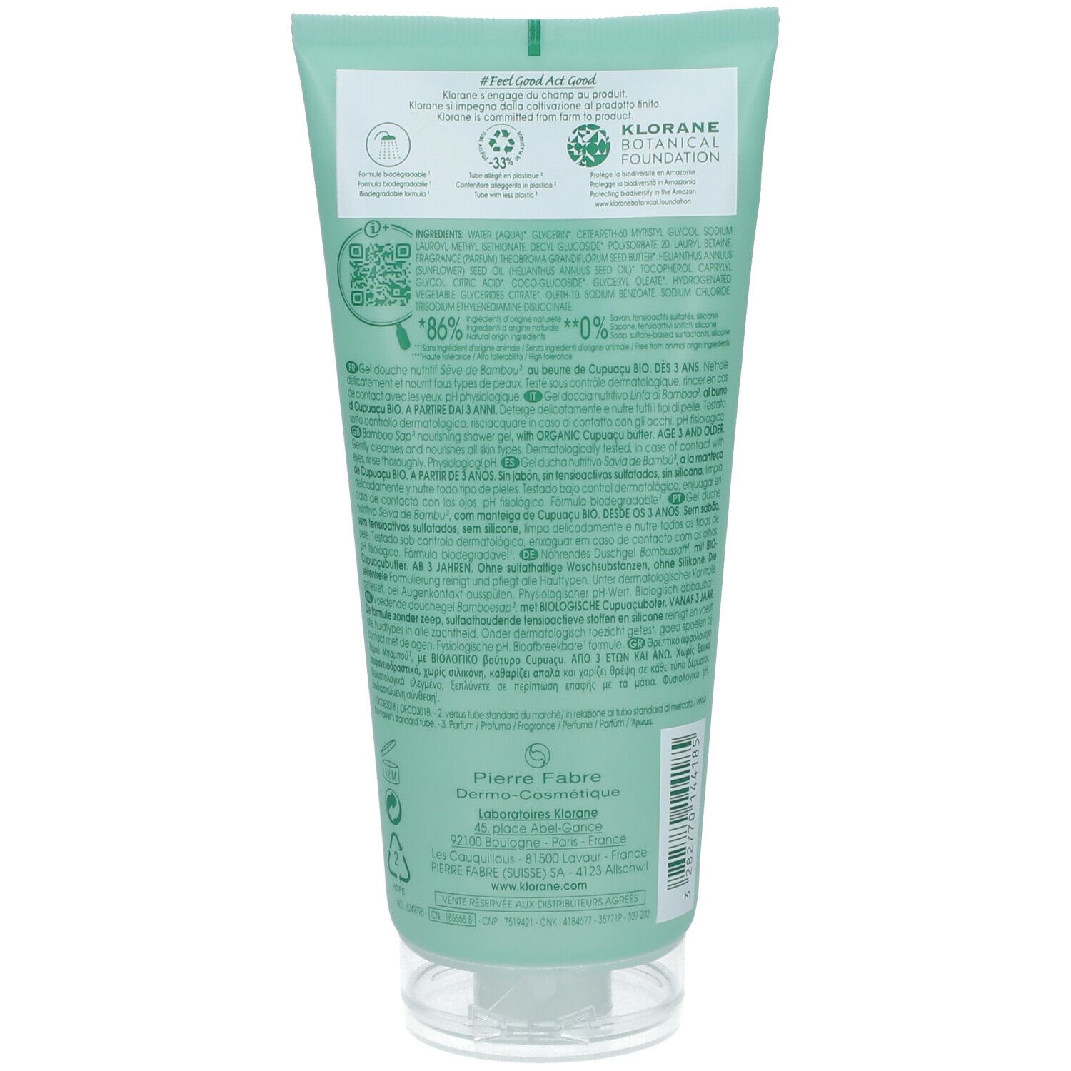 Rückseite der grünen Tube mit Text, Inhaltsstoffen und Logos. Enthält 86% Inhaltsstoffe natürlichen Ursprungs.