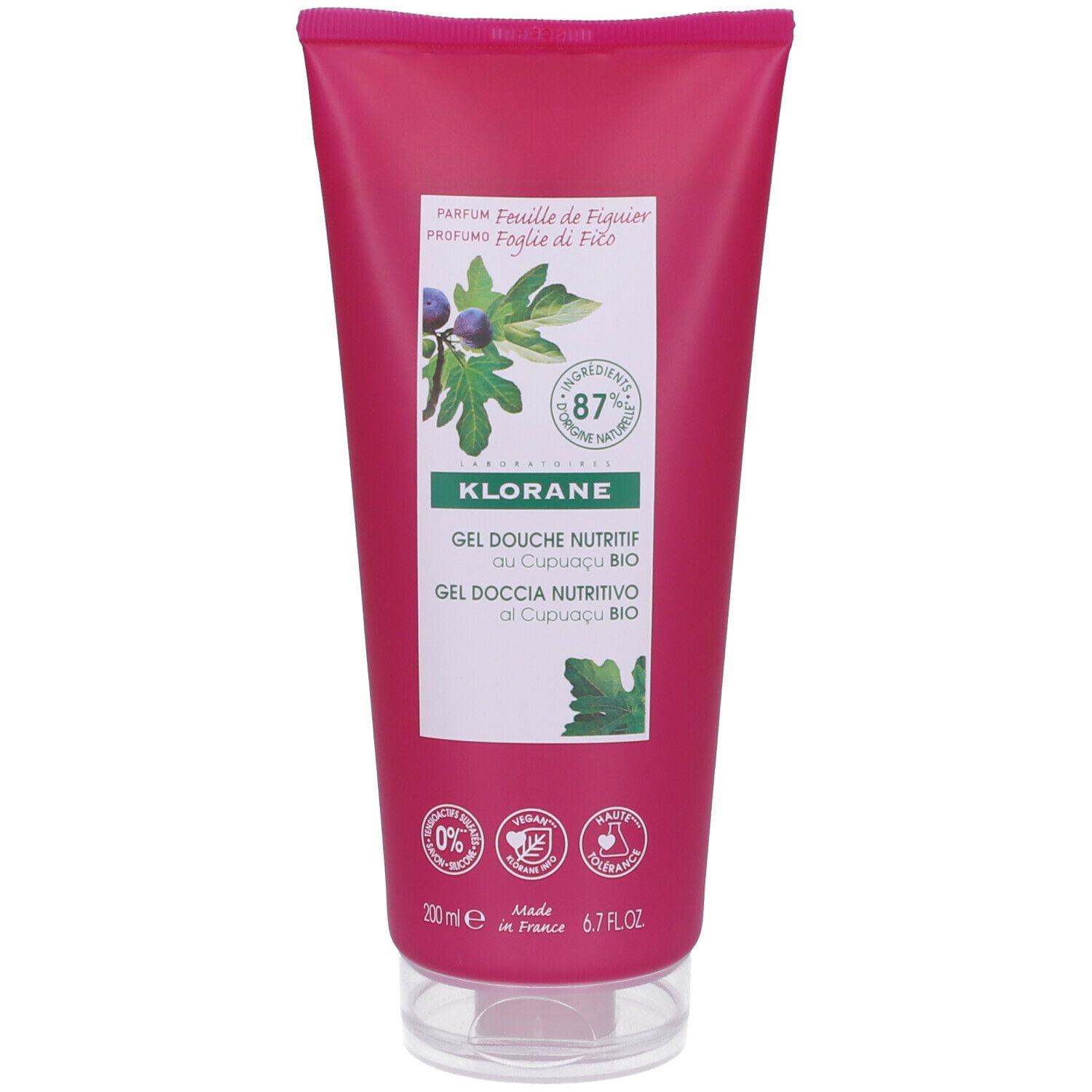 Tube de gel douche rose avec étiquette blanche. Texte: KLORANE, Gel Douche Nutritif au Cupuaçu BIO. Illustration de feuille de figuier.