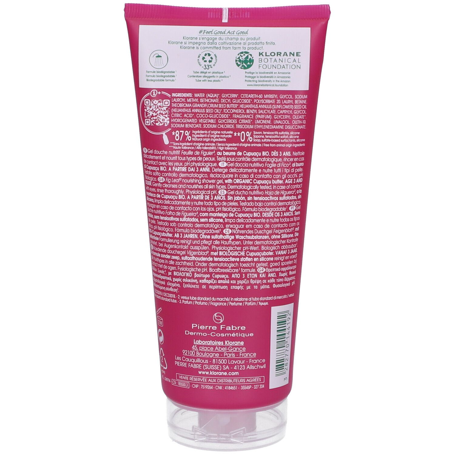 Dos d'un tube de gel douche rose. Texte: Ingrédients, KLORANE BOTANICAL FOUNDATION. Code QR, symboles de recyclage, texte multilingue.