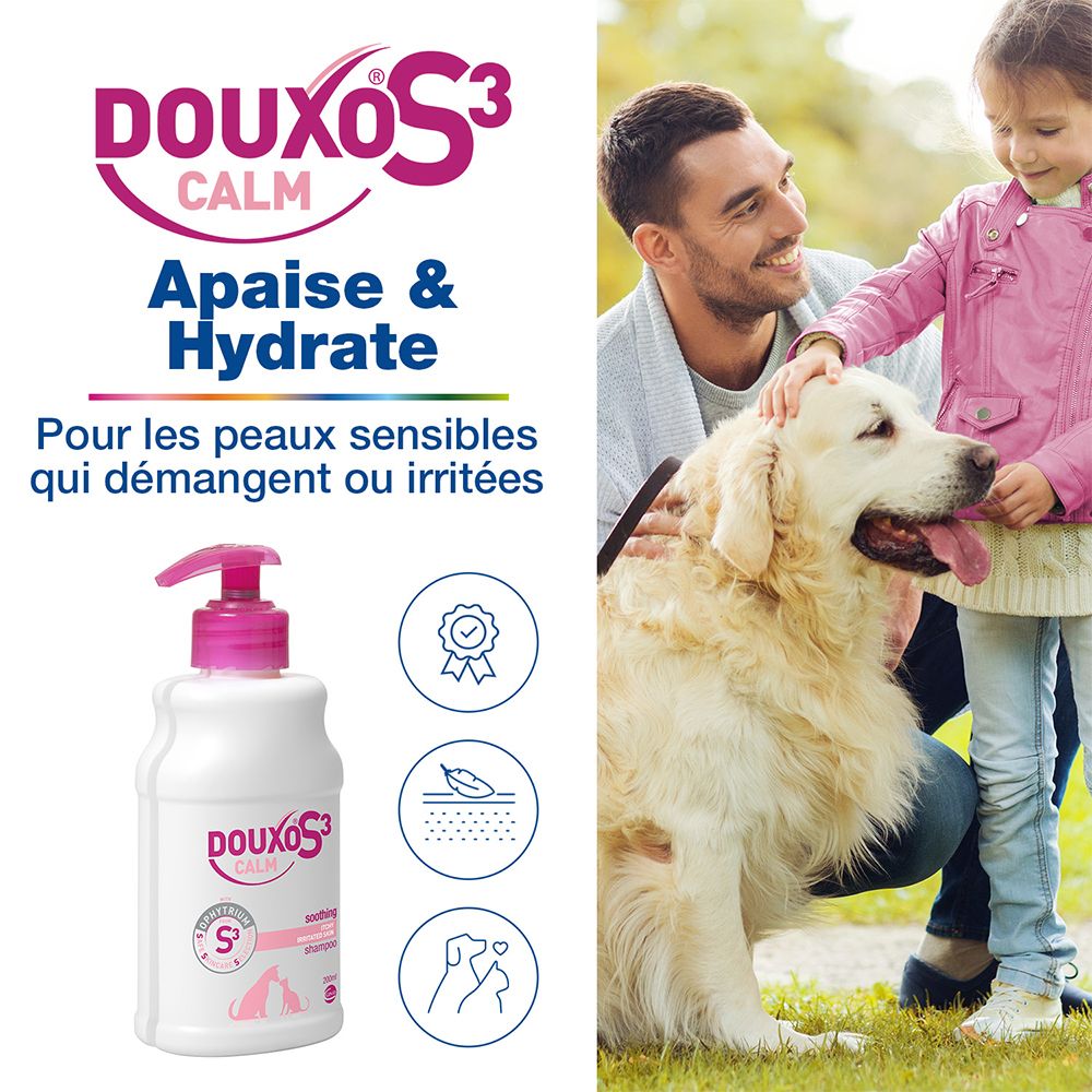 Douxo S3 Calm Shampoo. Texte : Apaise & Hydrate. Pour peaux sensibles qui démangent ou irritées. Chien et enfant.