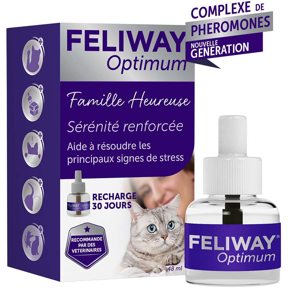 Produktverpackung und Nachfüller. Enthält das Produkt Feliway Optimum. Text: Familie Heureuse, Sérénité renforcée, Aide à résoudre les principaux signes de stress.
