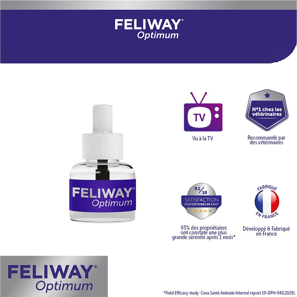 Feliway Optimum Nachfüller. Logo und Text: Feliway Optimum. Zertifizierungen: Vu à la TV, Recommandé par des vétérinaires, Fabriqué en France.