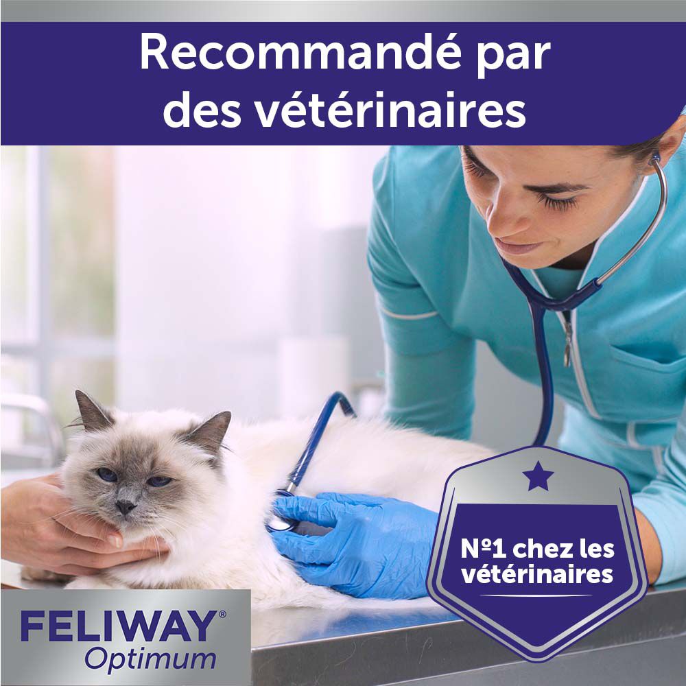 Tierarzt untersucht Katze. Text: Recommandé par des vétérinaires. Logo: N°1 chez les vétérinaires.