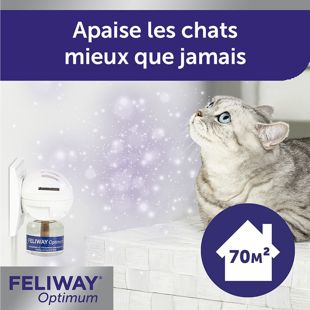 Feliway Optimum Diffusor in Steckdose. Text: Apaise les chats mieux que jamais. Reichweite: 70 m².