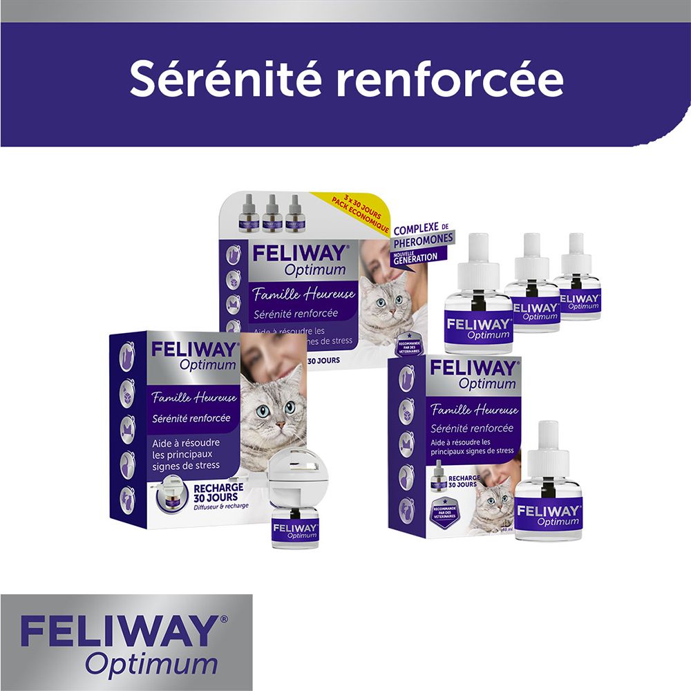 Verschiedene Feliway Optimum Produkte. Text: Sérénité renforcée. Produktverpackungen und Nachfüller.