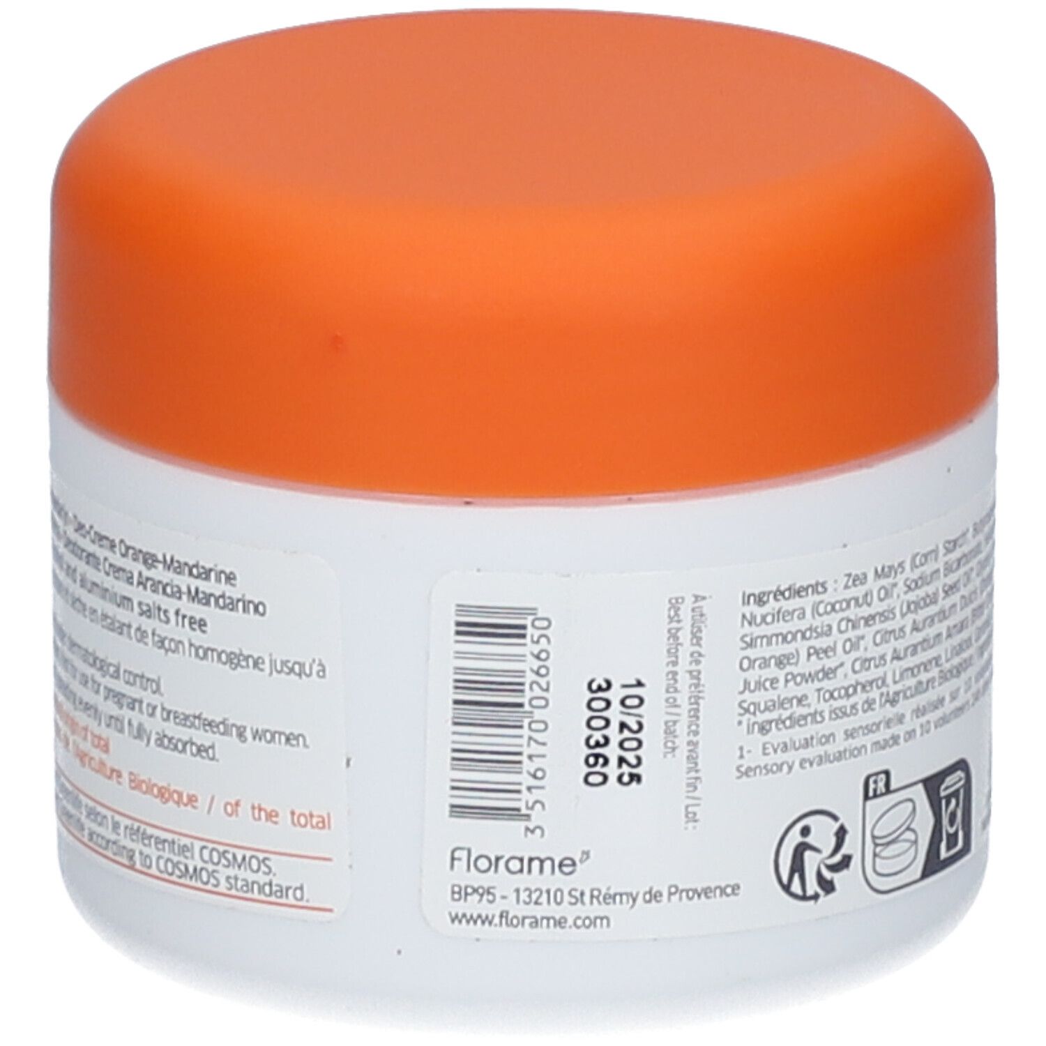 Dos du pot de déodorant crème. Informations sur les ingrédients, la date de péremption, le fabricant et la certification bio.