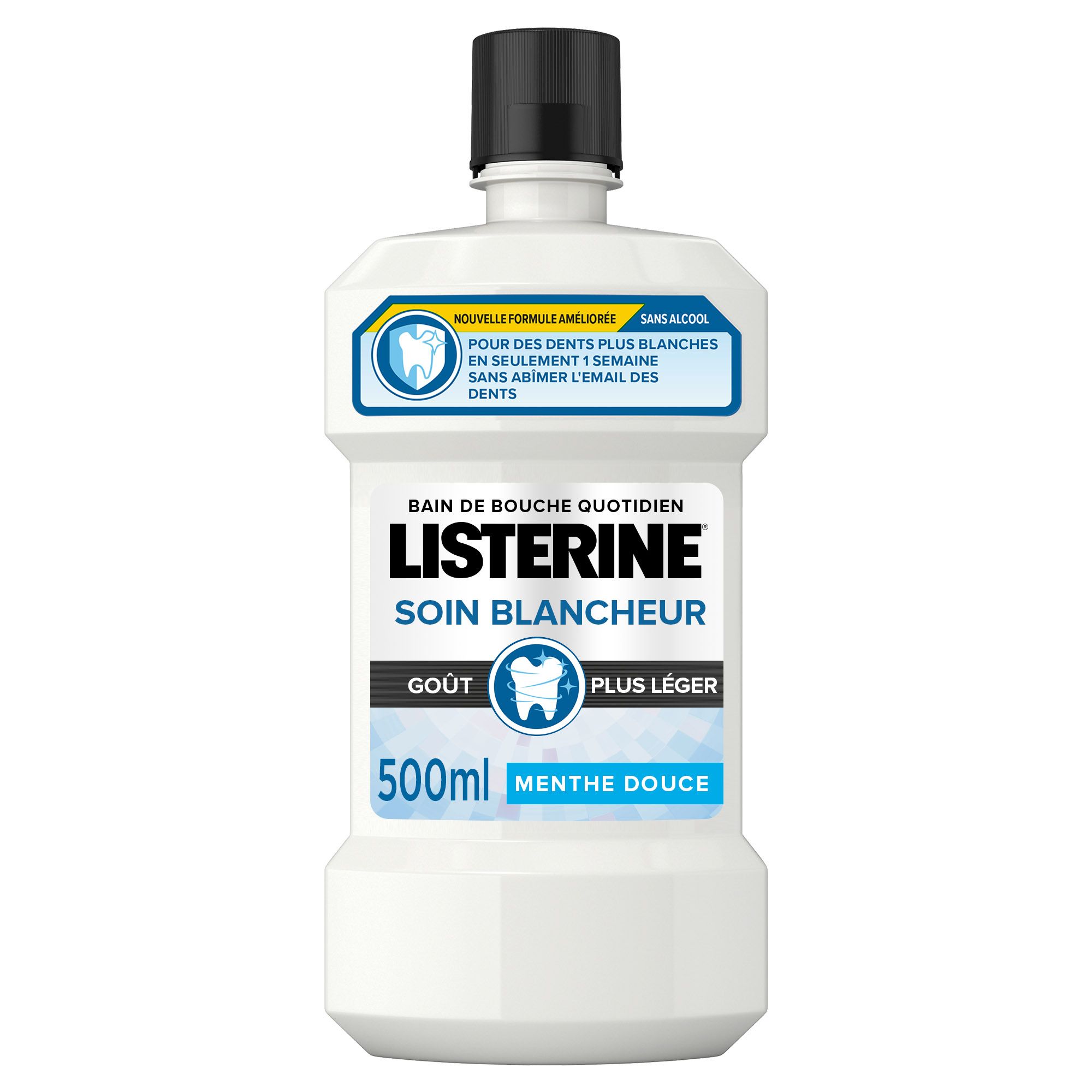 Bain de bouche LISTERINE® Mild Mint. Flacon blanc, bouchon noir. Inscription: Soin Blancheur, Menthe Douce, 500ml.