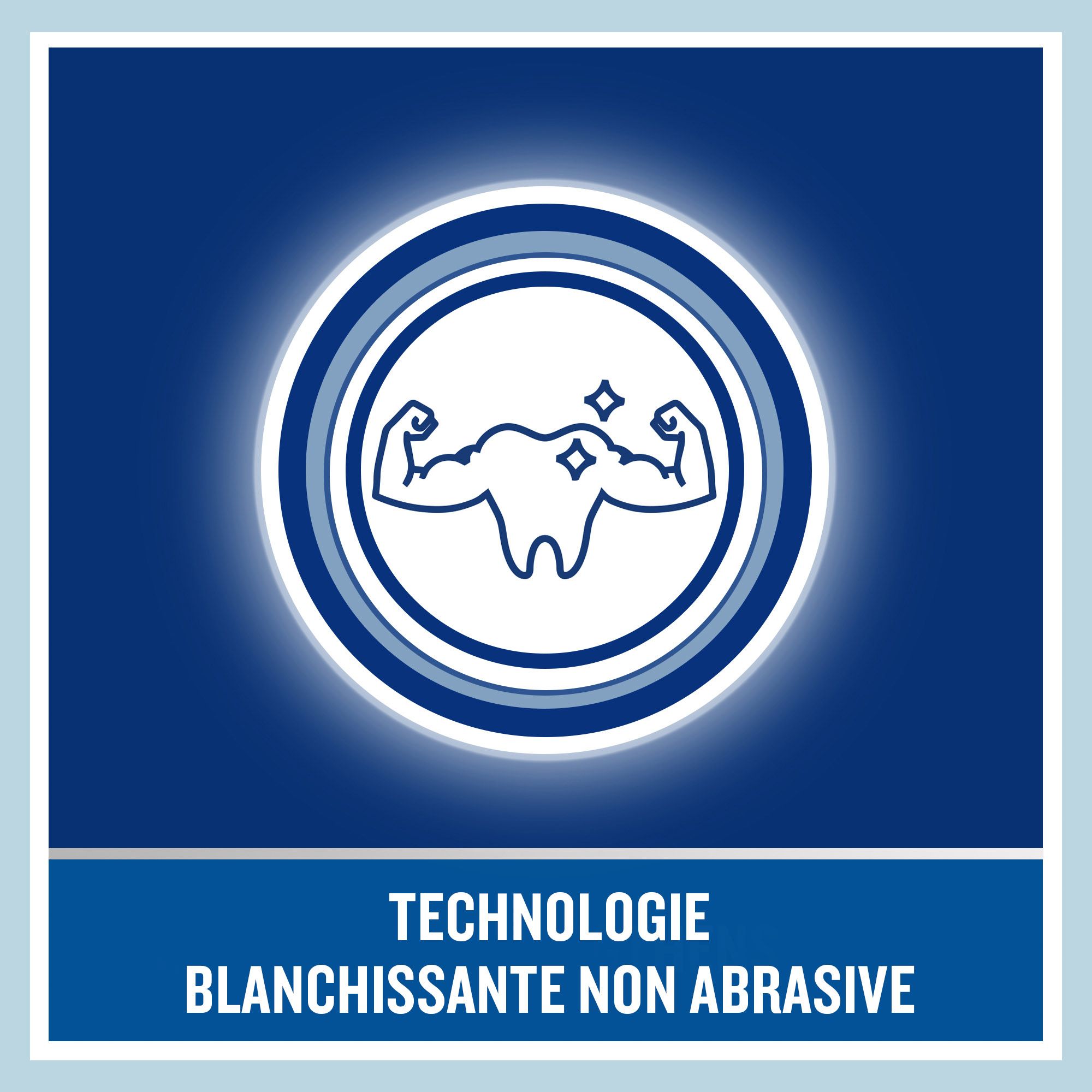 Fond bleu avec cercle blanc. Texte: Technologie blanchissante non abrasive.