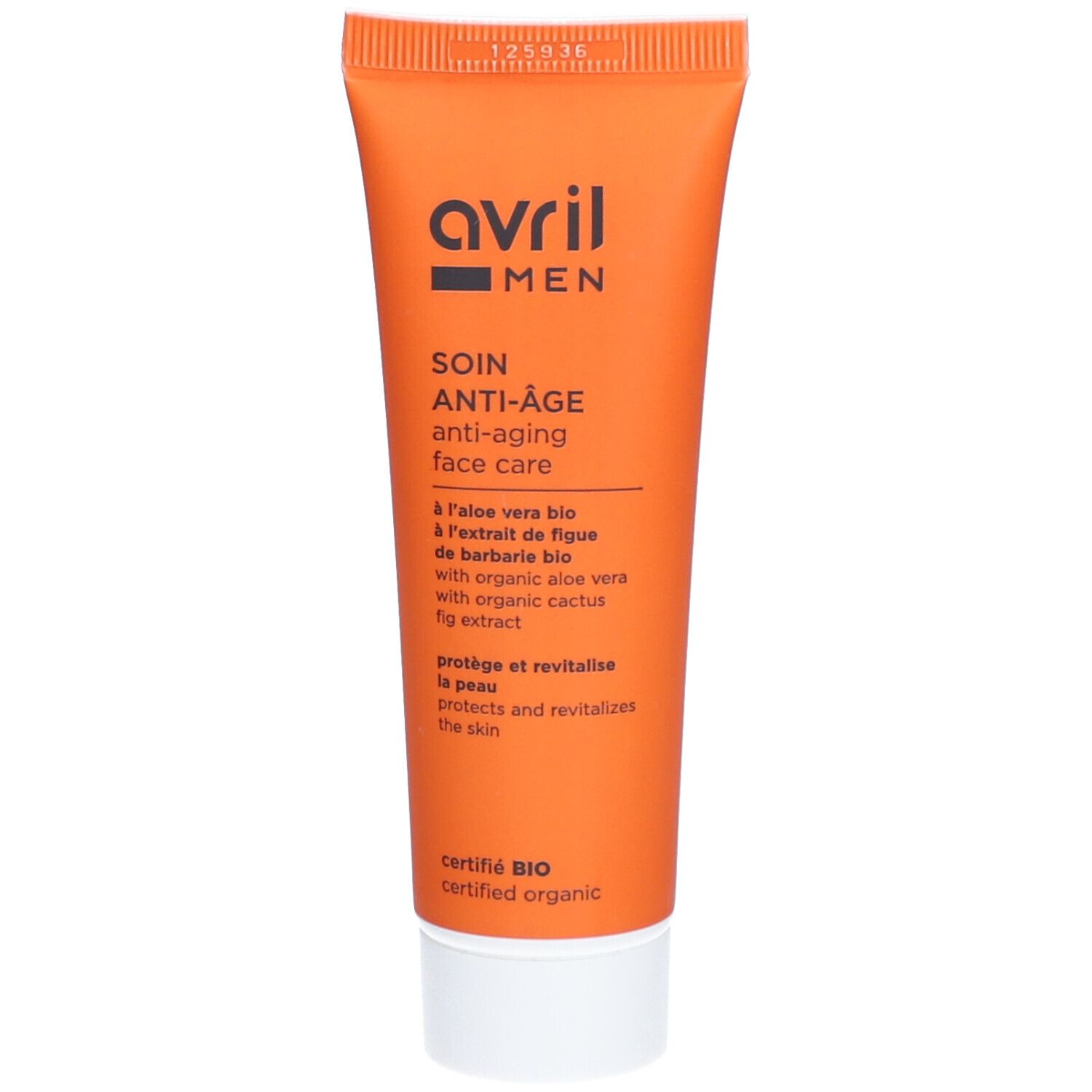 Orange Tube mit "avril MEN" und "SOIN ANTI-ÂGE" Aufdruck. Zertifiziert BIO.