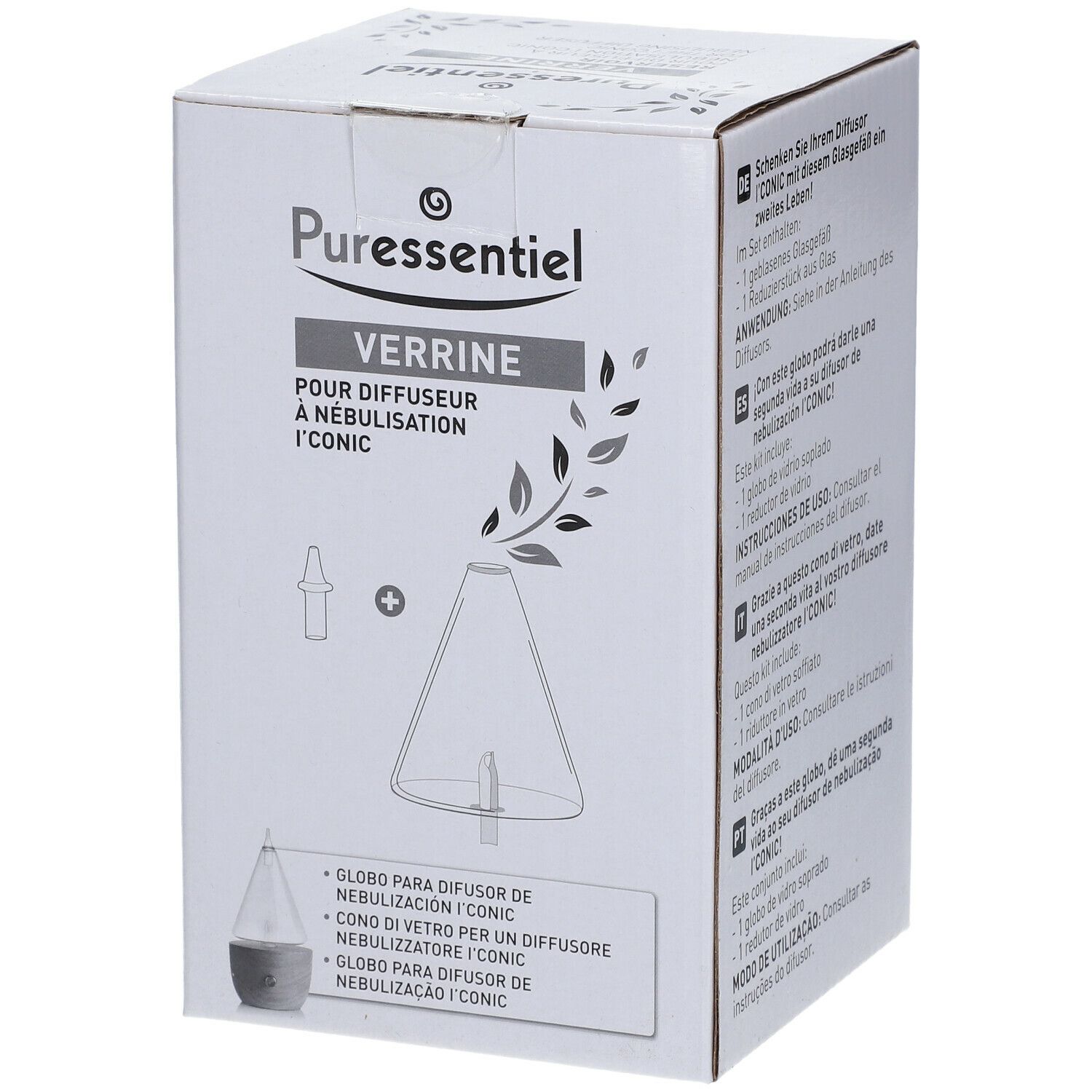 Boîte avec illustration du produit. Texte: Puressentiel, Verrine, pour diffuseur à nébulisation I'CONIC. Contient du verre pour le diffuseur.