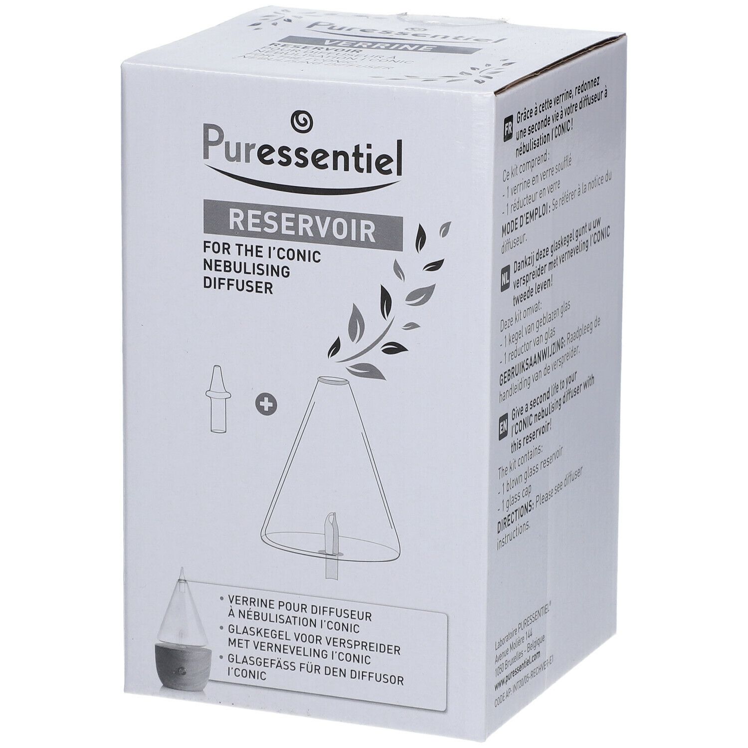 Boîte avec illustration du produit. Texte: Puressentiel, Reservoir, for the I'CONIC nebulising diffuser. Contient du verre pour le diffuseur.